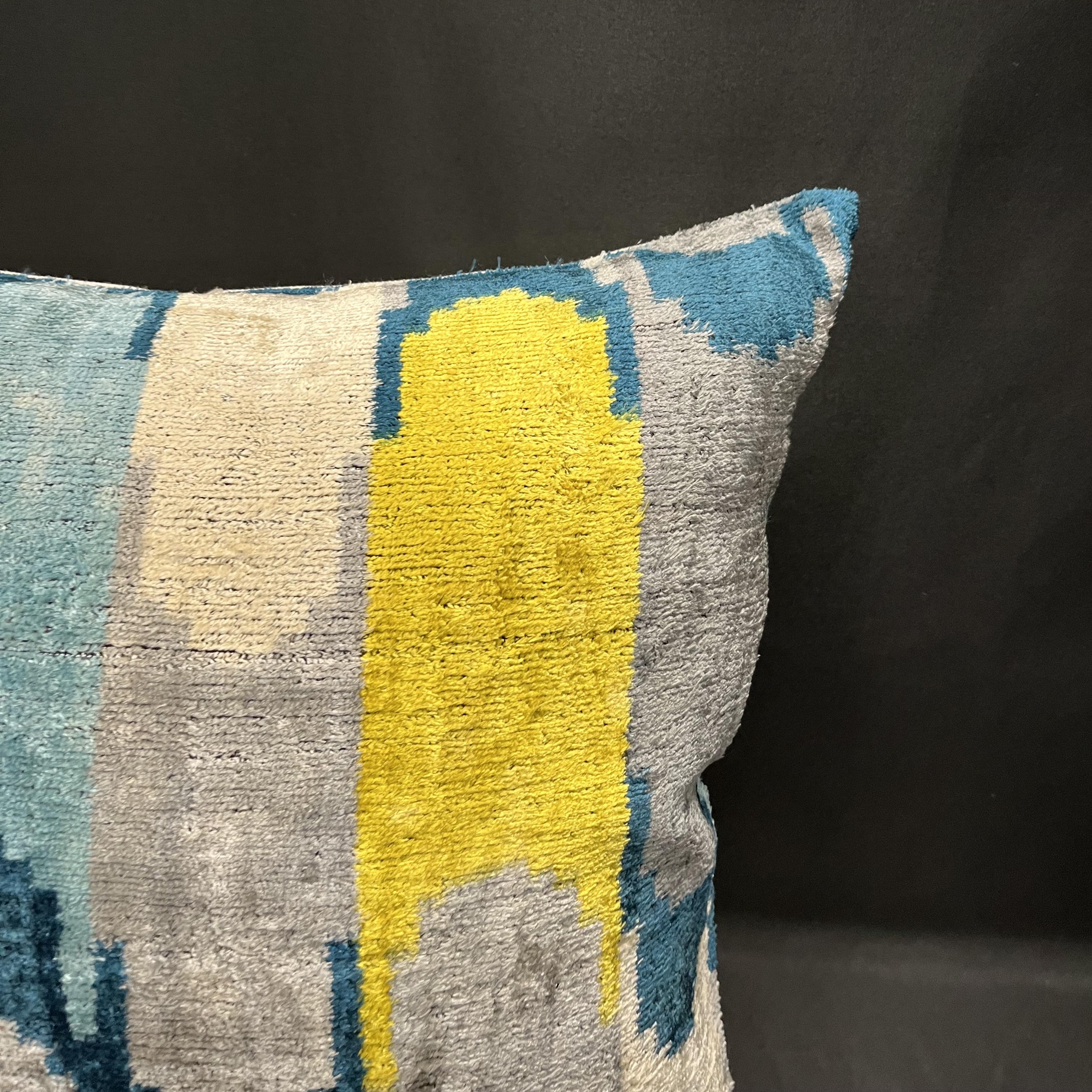 Turkish Velvet Silk Ikat Pillow Cover with Gray, Blue, Yellow Geometric Design 20