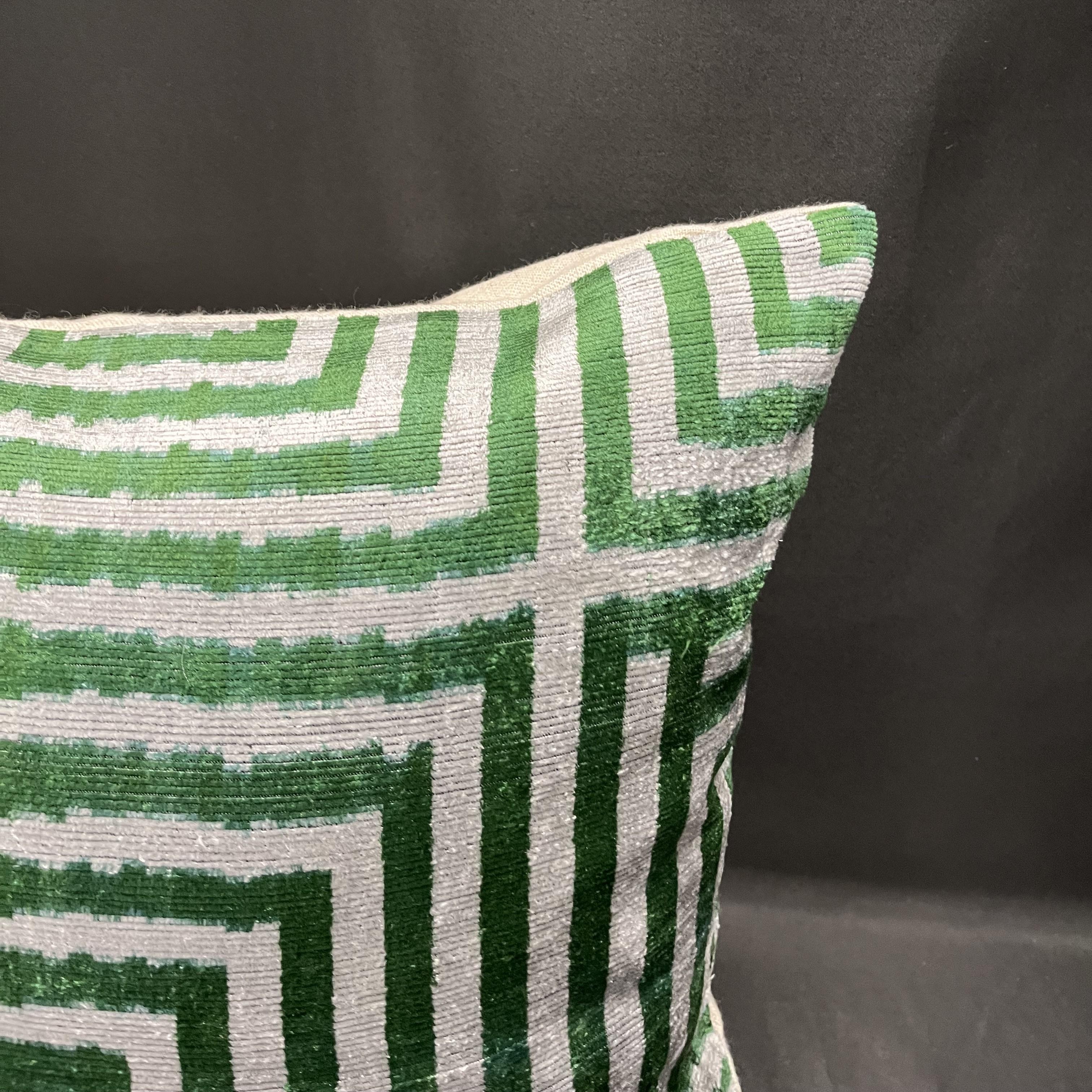Turkish Velvet Silk Ikat Pillow Cover with Green Geometric Stripe Design 20