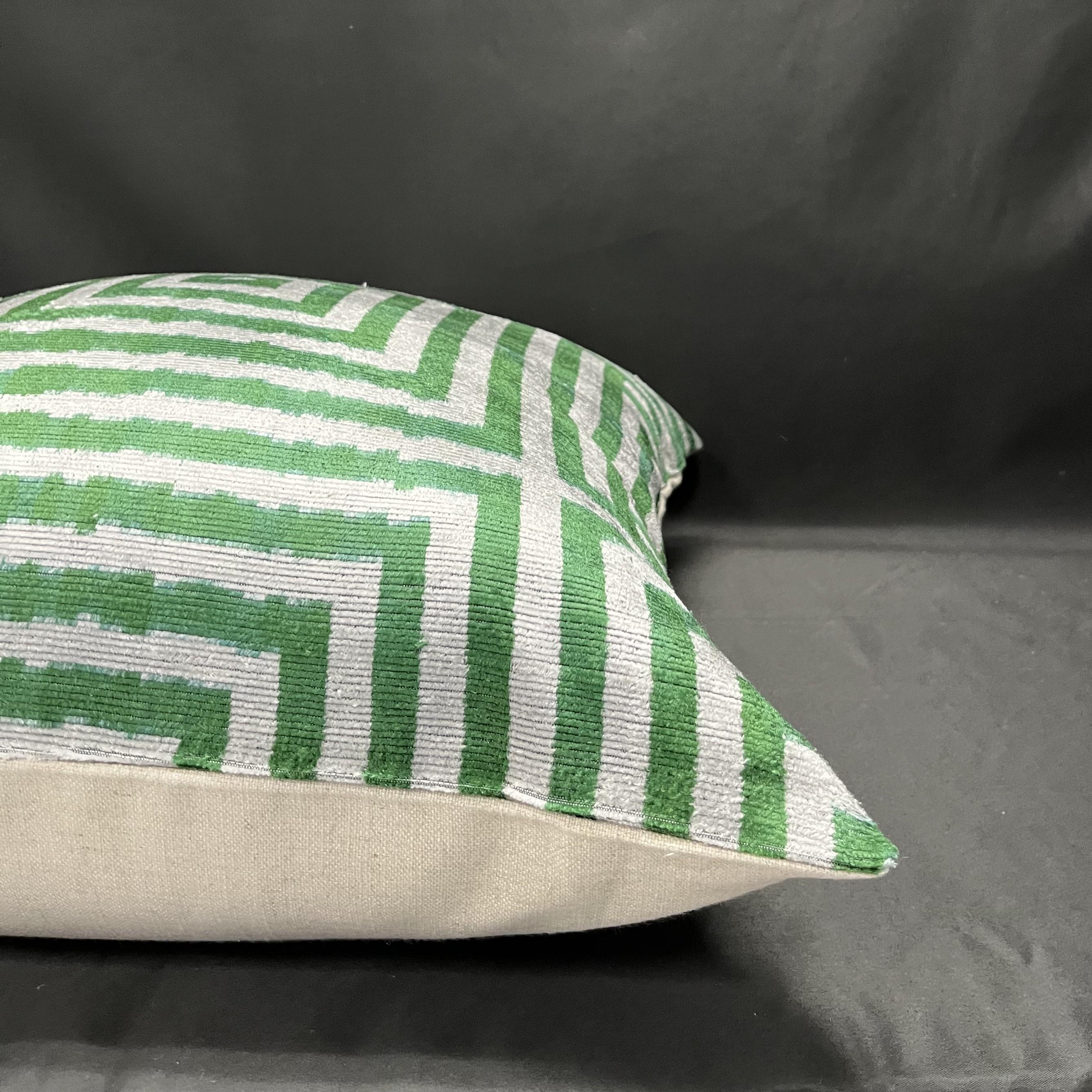 Velvet Silk Ikat Pillow Cover with Green Geometric Stripe Design 20
