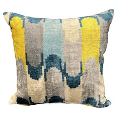Velvet Silk Ikat Pillow Cover with Gray, Blue, Yellow Geometric Design 20" x 20"