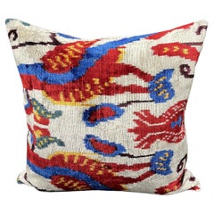 Velvet Silk Ikat Pillow Cover with Red and Blue Design 20" x 20"
