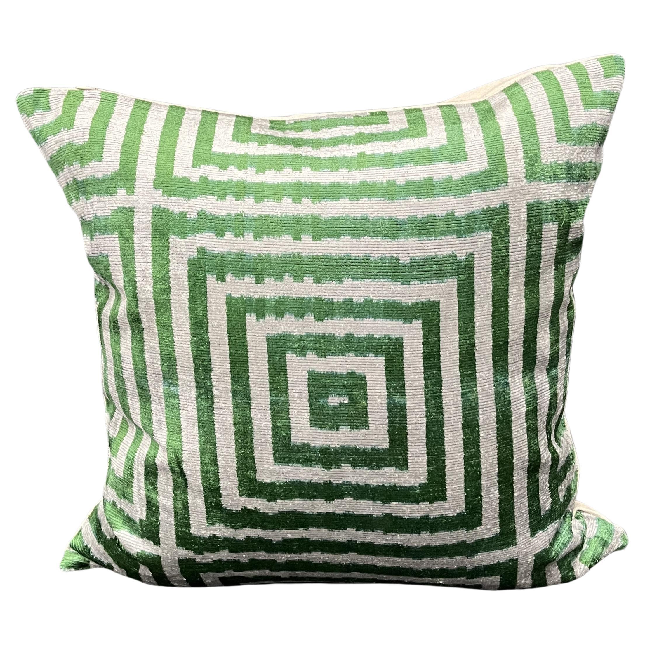 Velvet Silk Ikat Pillow Cover with Green Geometric Stripe Design 20" x 20" For Sale