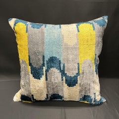 Velvet Silk Ikat Pillow Cover with Gray, Blue, Yellow Geometric Design 20" x 20"