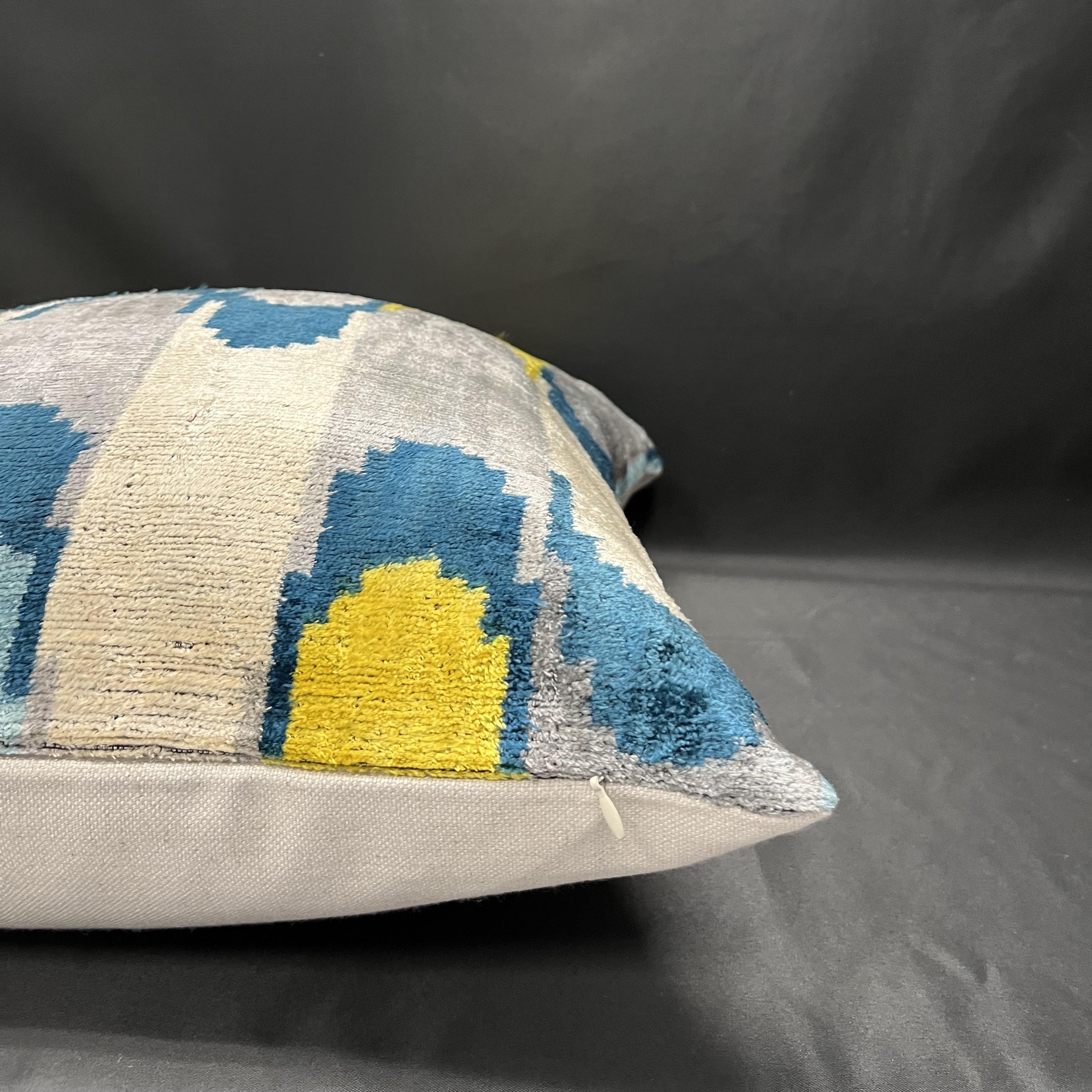 Velvet Silk Ikat Pillow Cover with Gray, Blue, Yellow Geometric Design 20