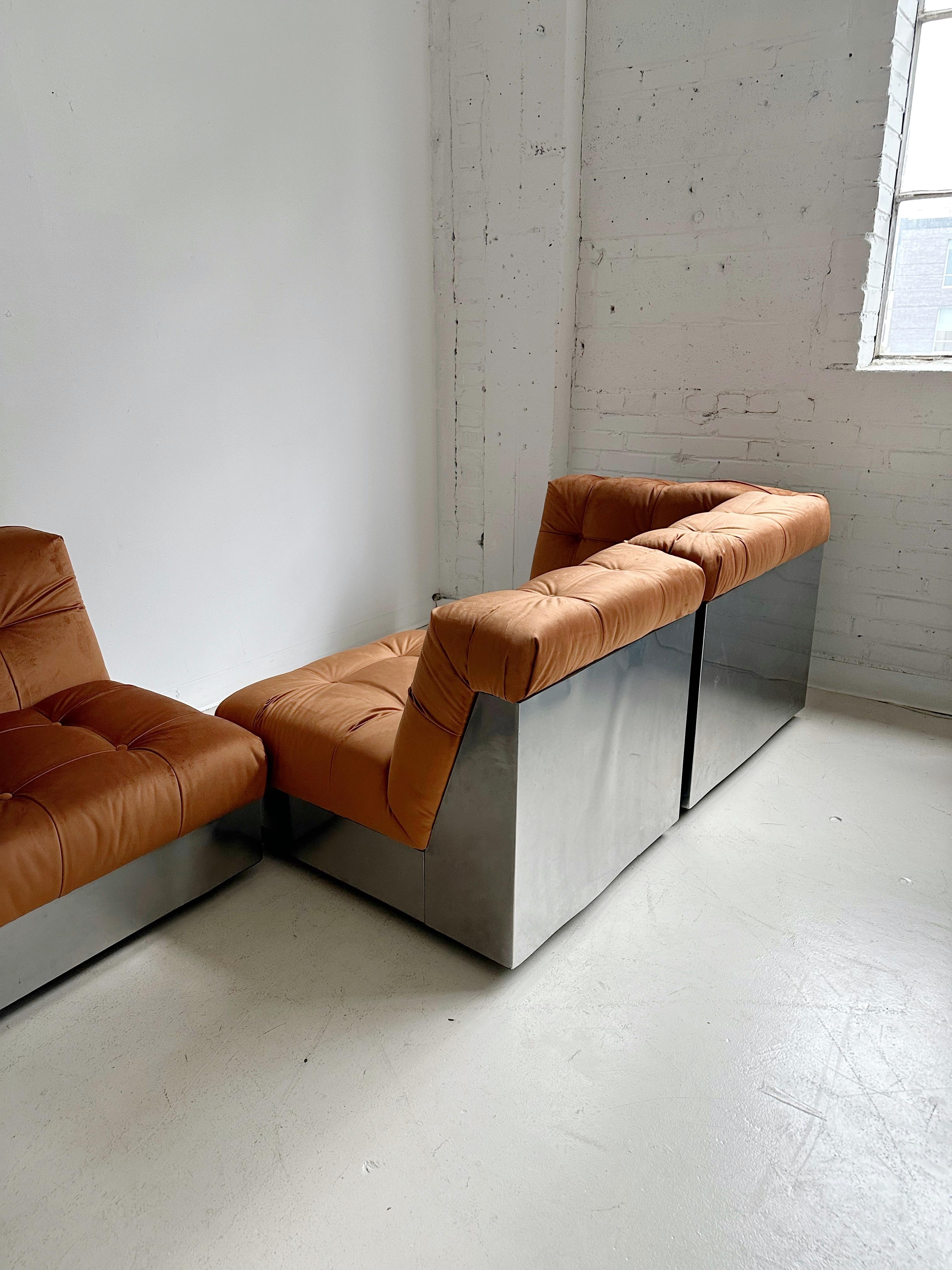 Velvet & Steel Base 4 Piece Modular Sofa att. to Canasta by Giorgio Montani For Sale 5