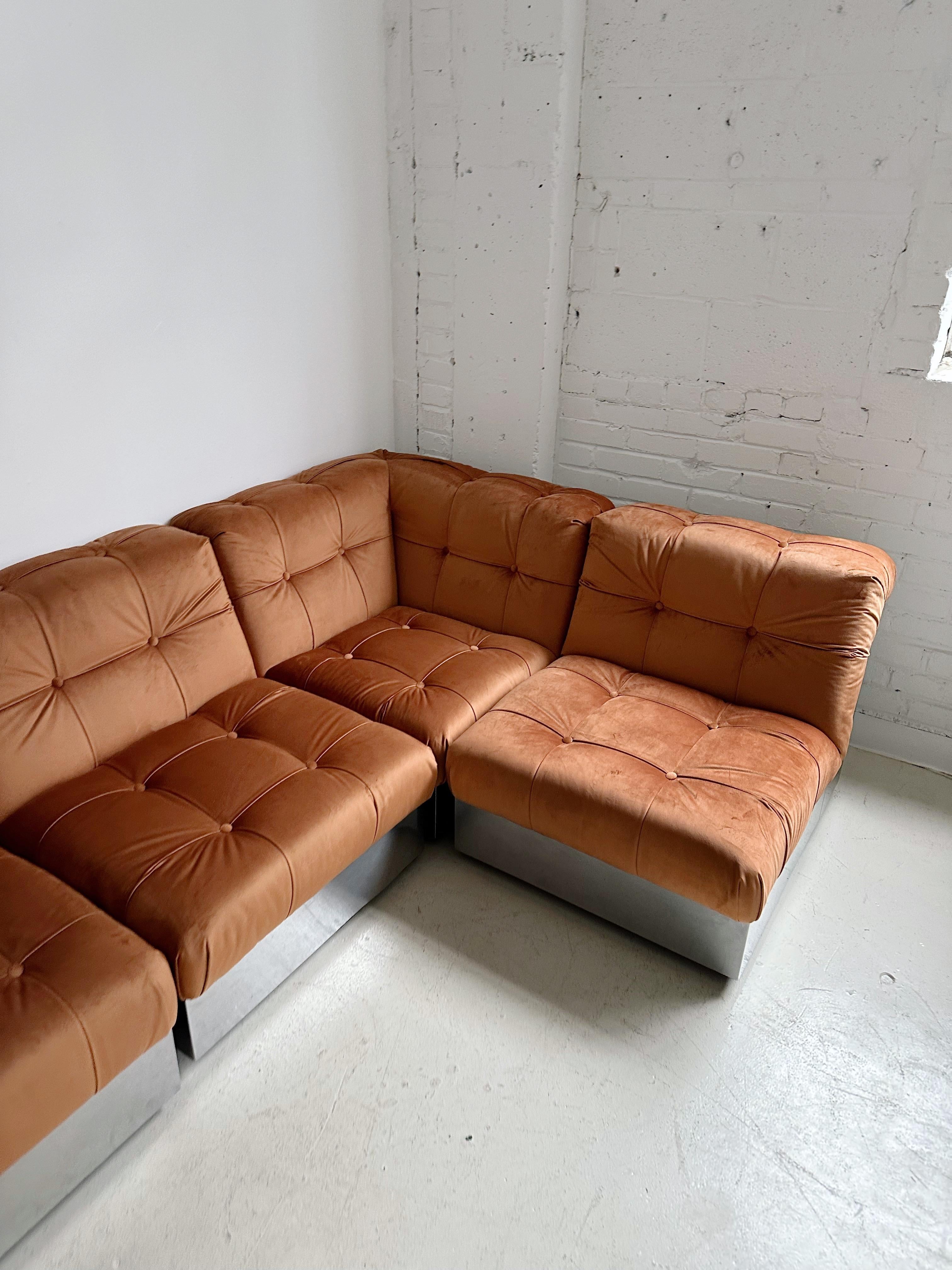 Velvet & Steel Base 4 Piece Modular Sofa att. to Canasta by Giorgio Montani For Sale 6
