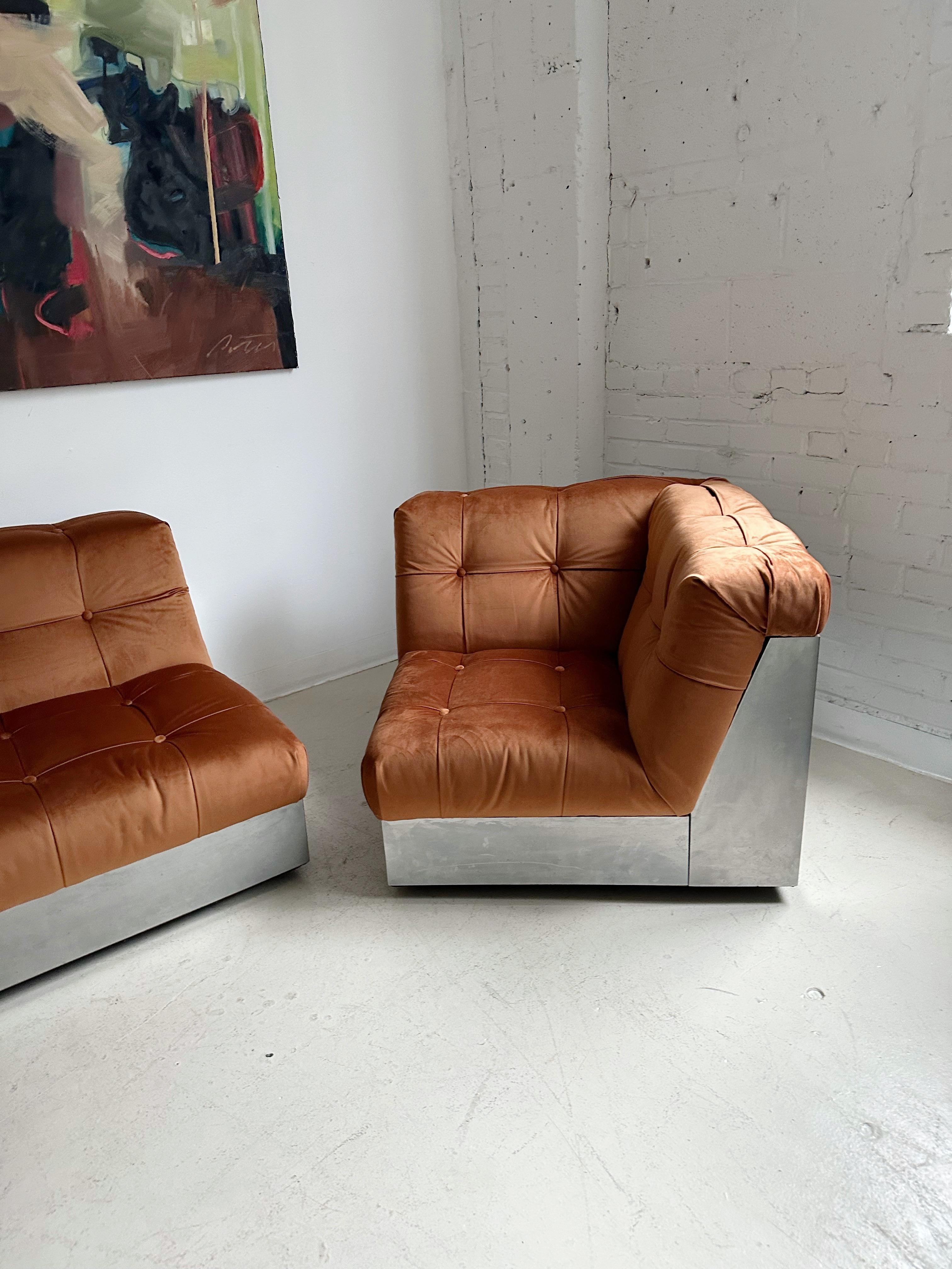 Velvet & Steel Base 4 Piece Modular Sofa att. to Canasta by Giorgio Montani For Sale 7