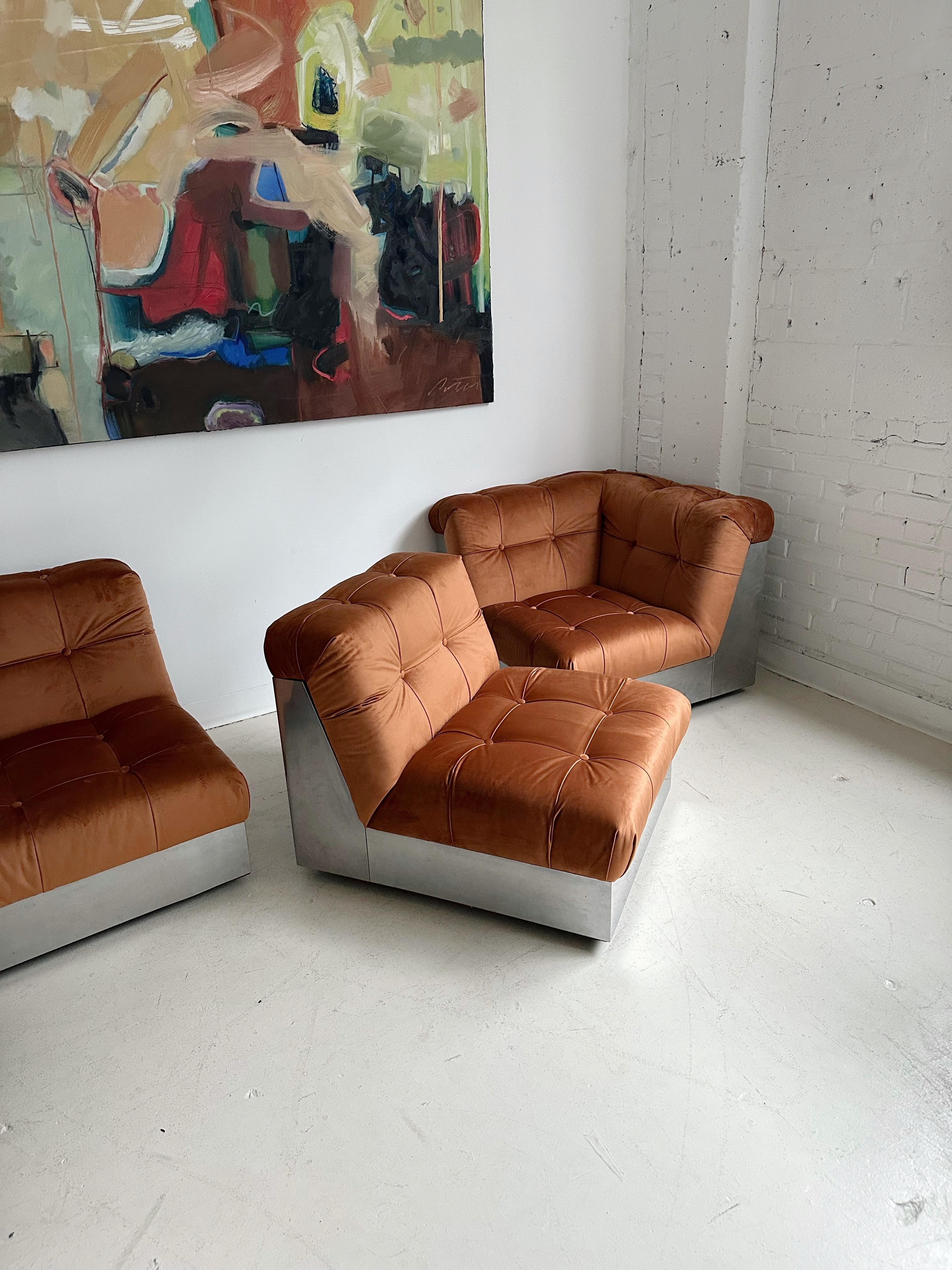 Velvet & Steel Base 4 Piece Modular Sofa att. to Canasta by Giorgio Montani For Sale 8