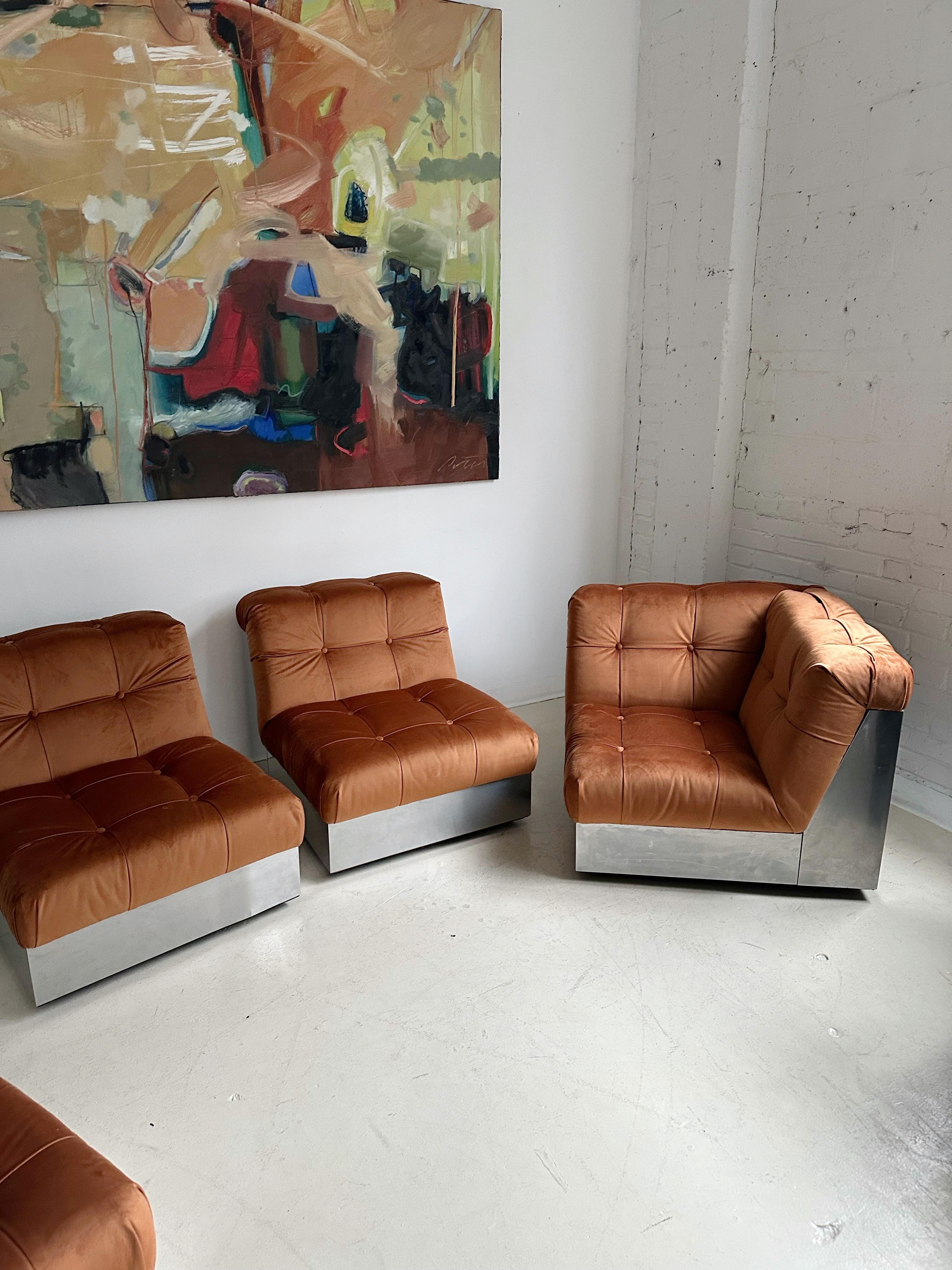 Velvet & Steel Base 4 Piece Modular Sofa att. to Canasta by Giorgio Montani For Sale 9