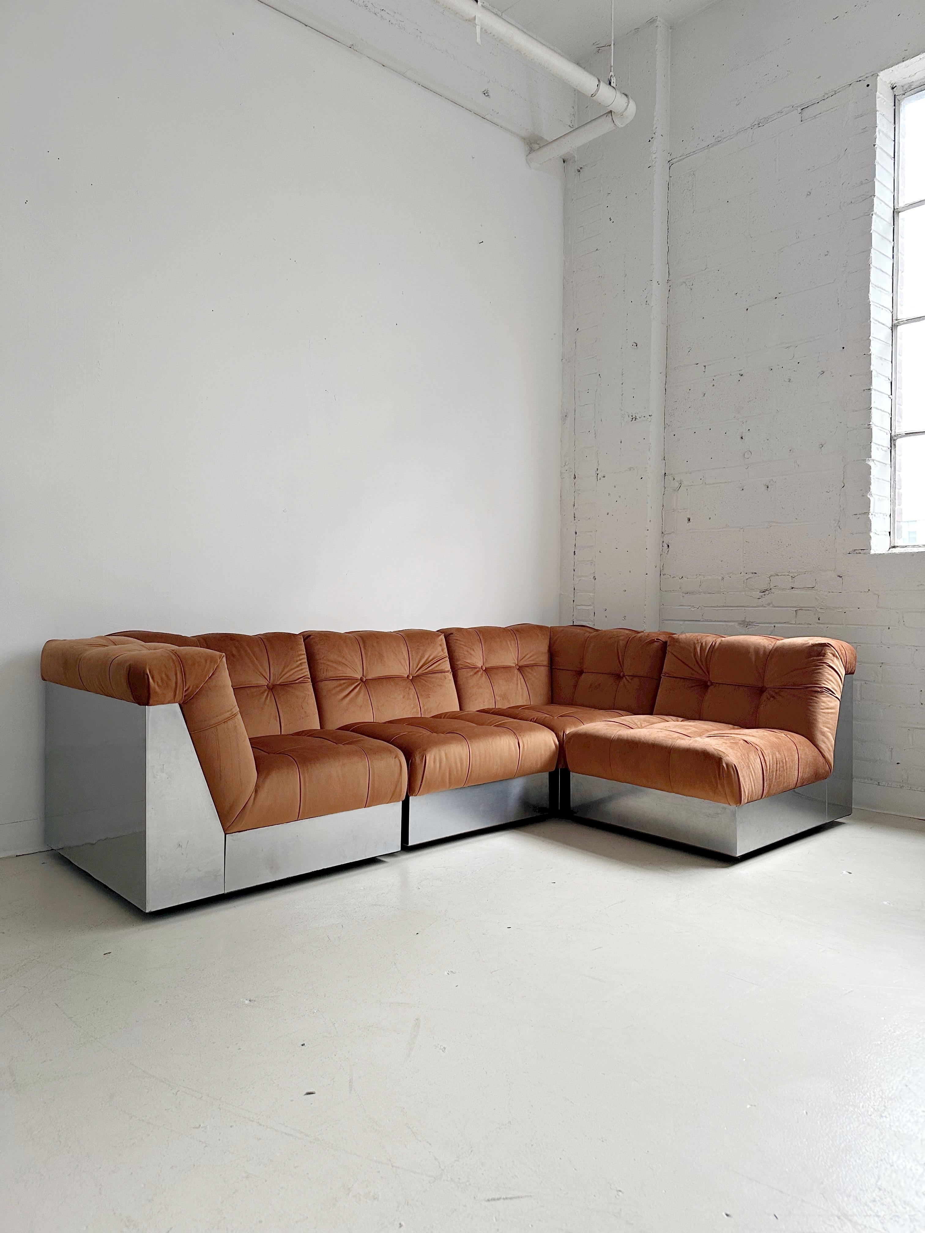 Velvet & Steel Base 4 Piece Modular Sofa att. to Canasta by Giorgio Montani For Sale 10