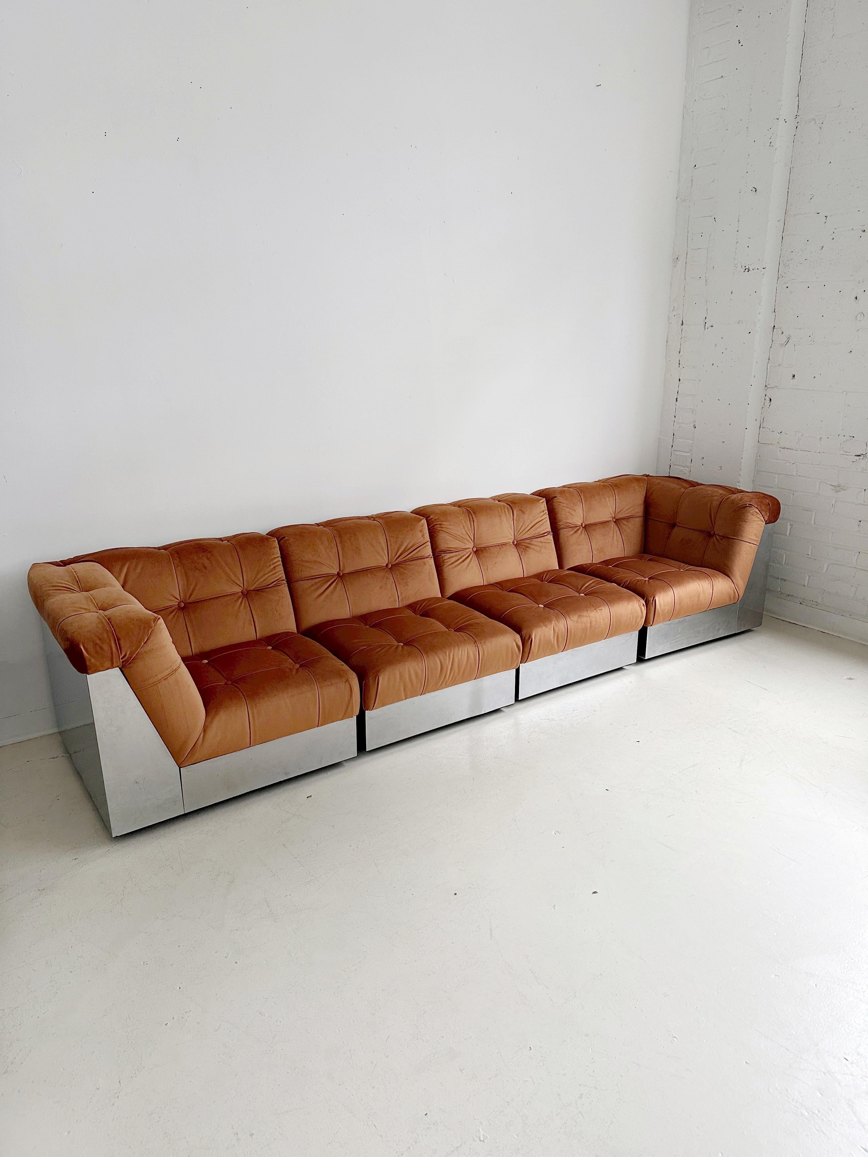 Modern Velvet & Steel Base 4 Piece Modular Sofa att. to Canasta by Giorgio Montani For Sale