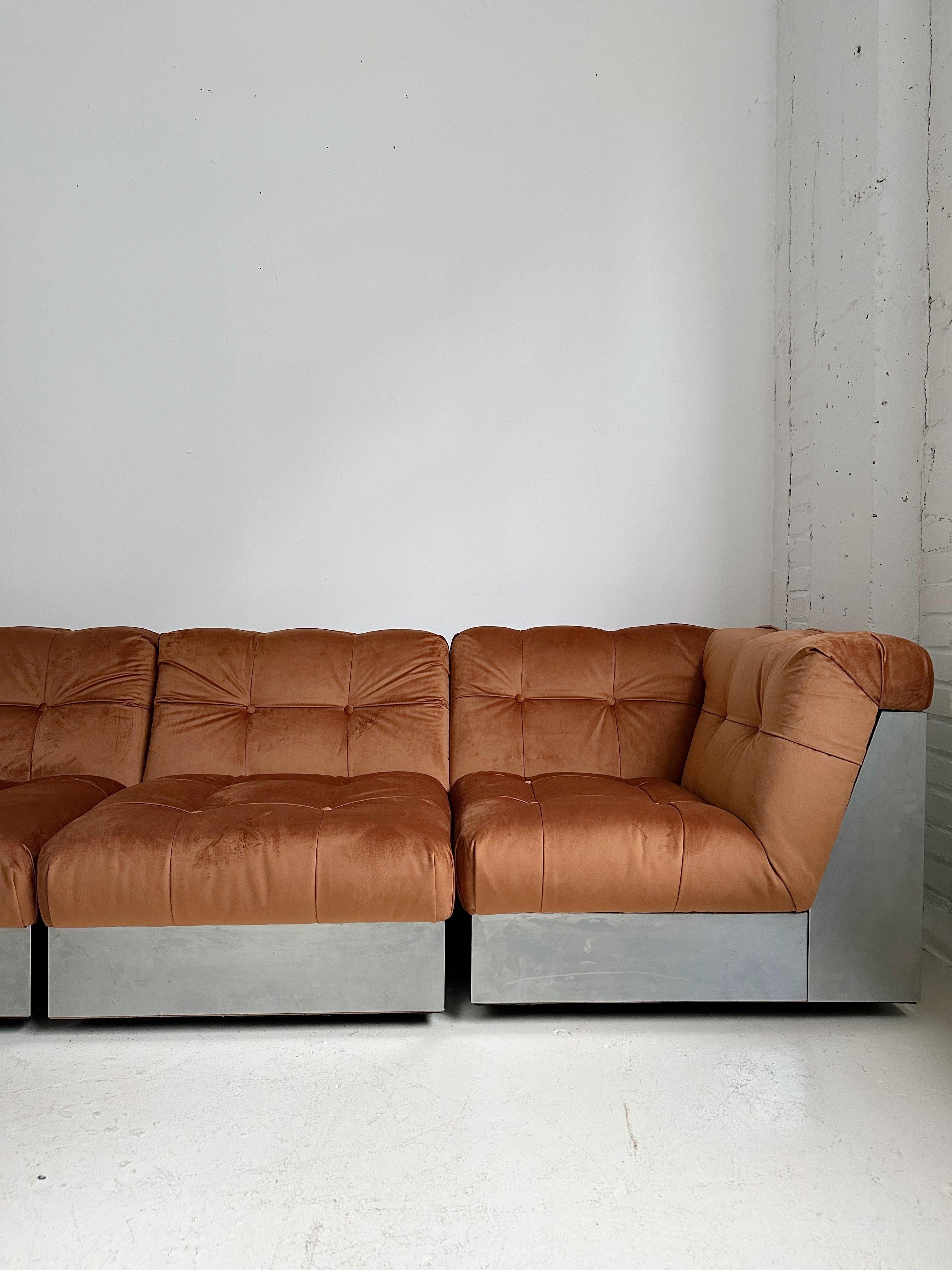 Velvet & Steel Base 4 Piece Modular Sofa att. to Canasta by Giorgio Montani For Sale 1