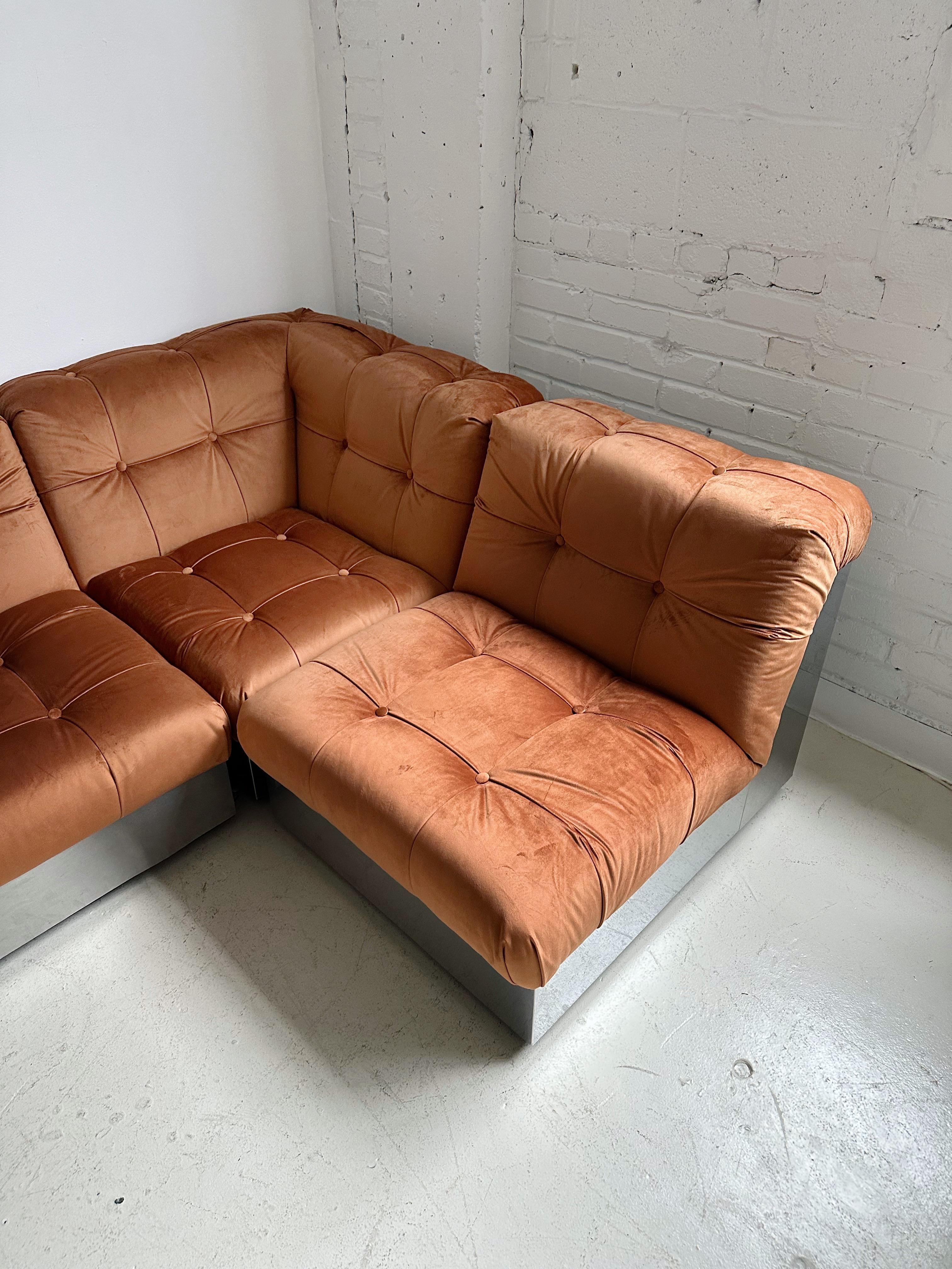 Velvet & Steel Base 4 Piece Modular Sofa att. to Canasta by Giorgio Montani For Sale 2
