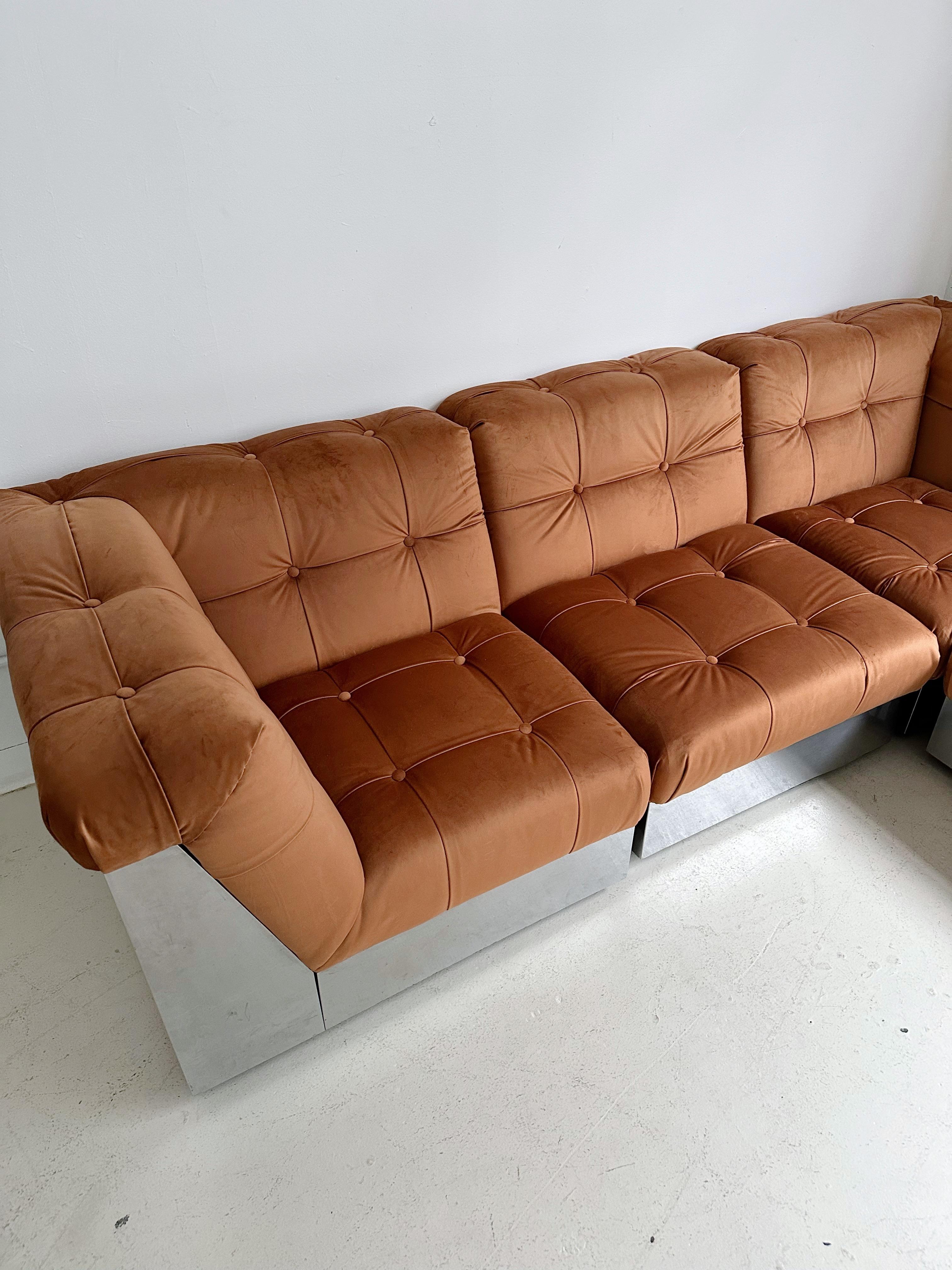 Velvet & Steel Base 4 Piece Modular Sofa att. to Canasta by Giorgio Montani For Sale 3