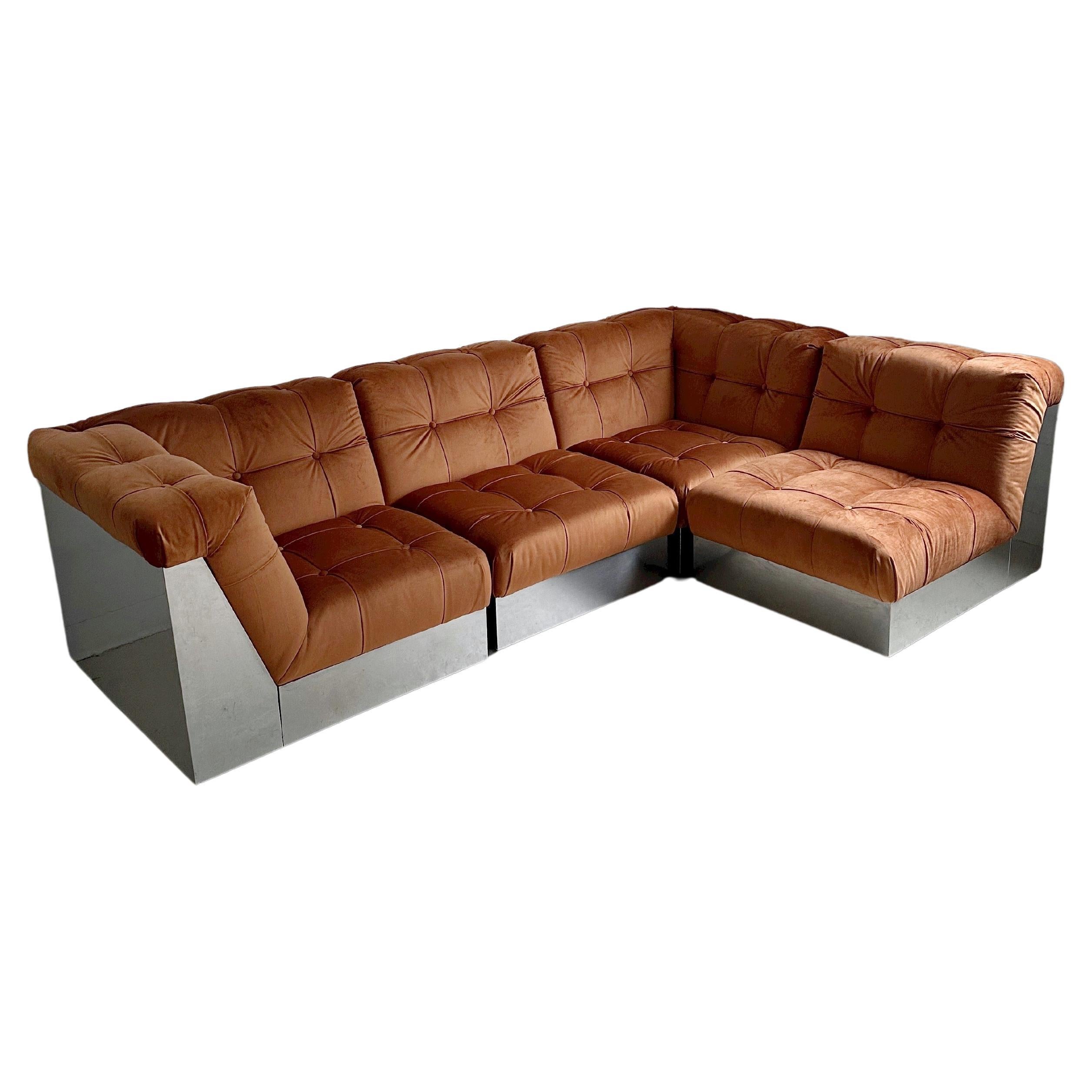 Velvet & Steel Base 4 Piece Modular Sofa att. to Canasta by Giorgio Montani For Sale
