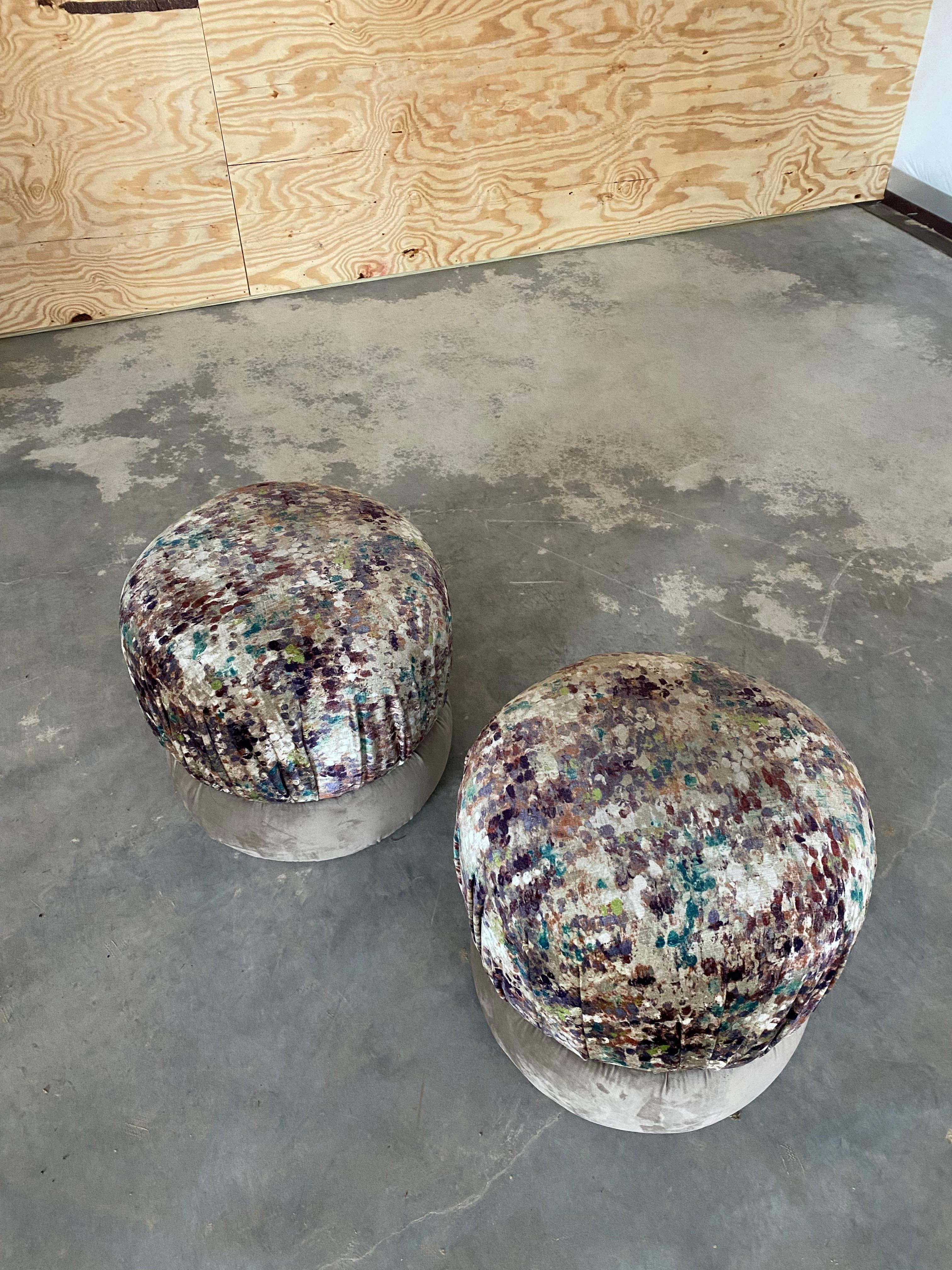 Velvet Swivel Poufs, A Pair For Sale 3