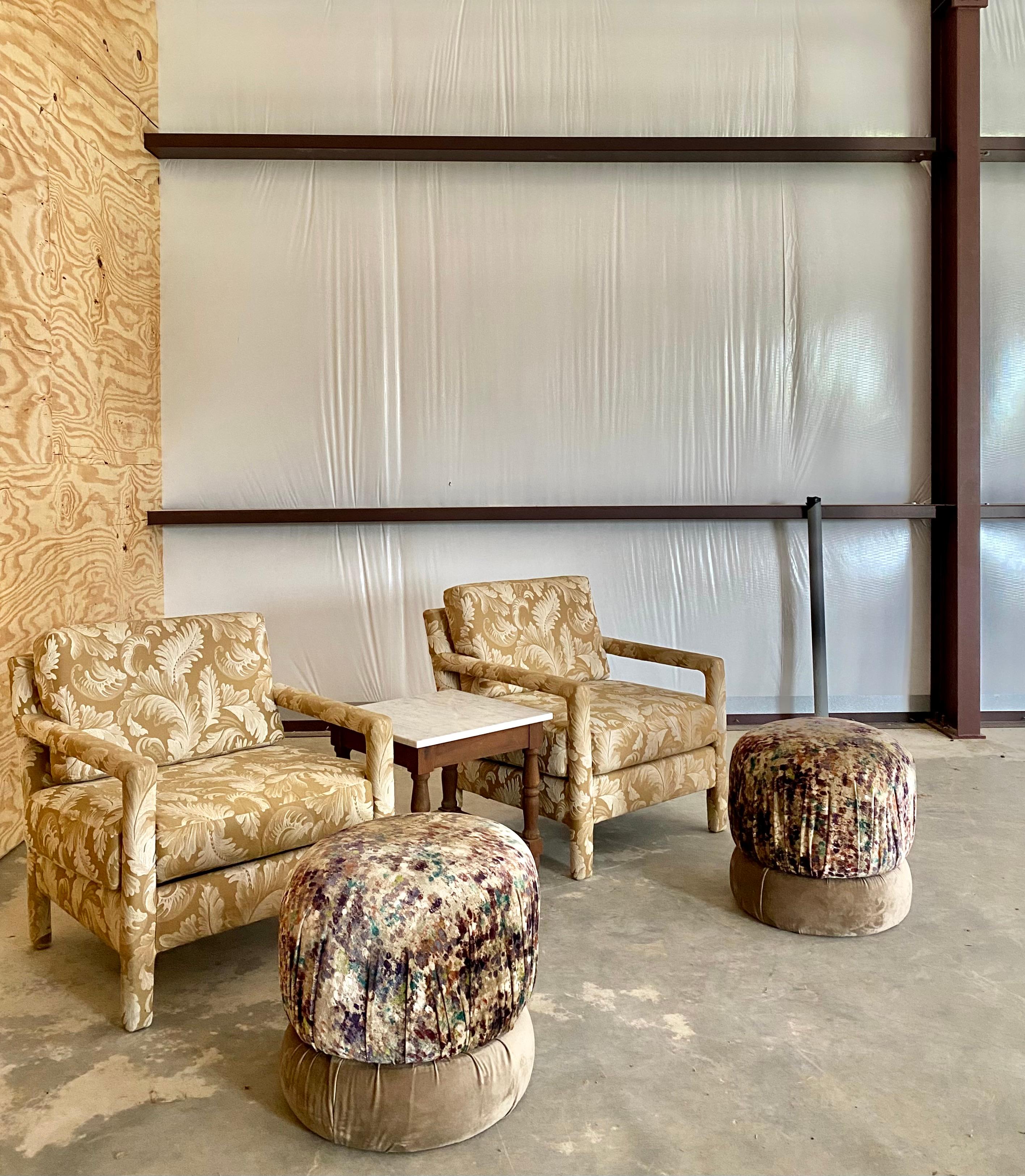 American Velvet Swivel Poufs, A Pair For Sale