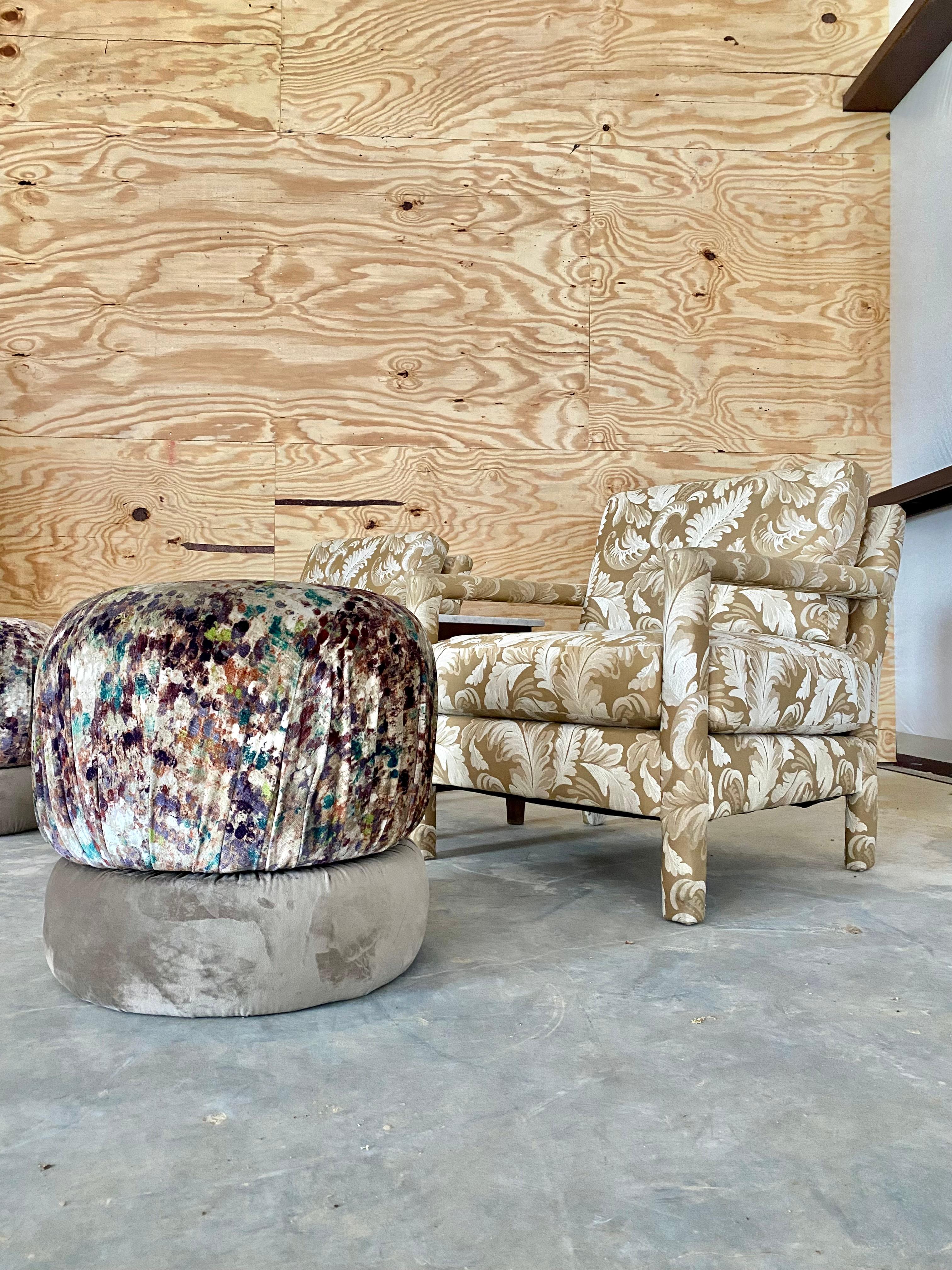 Hand-Crafted Velvet Swivel Poufs, A Pair For Sale