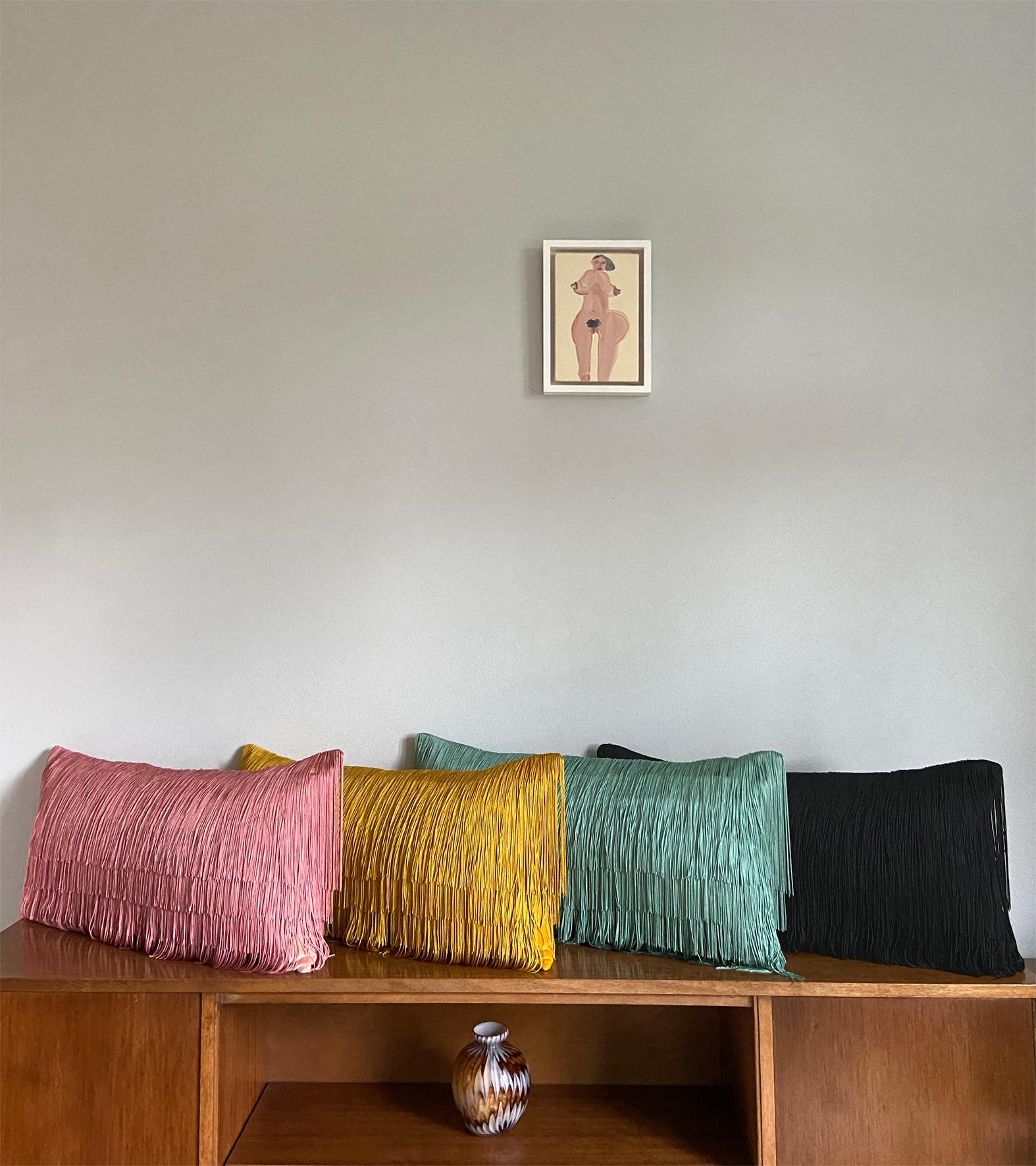 British Tassel Jade Velvet Cushion Rectangle For Sale