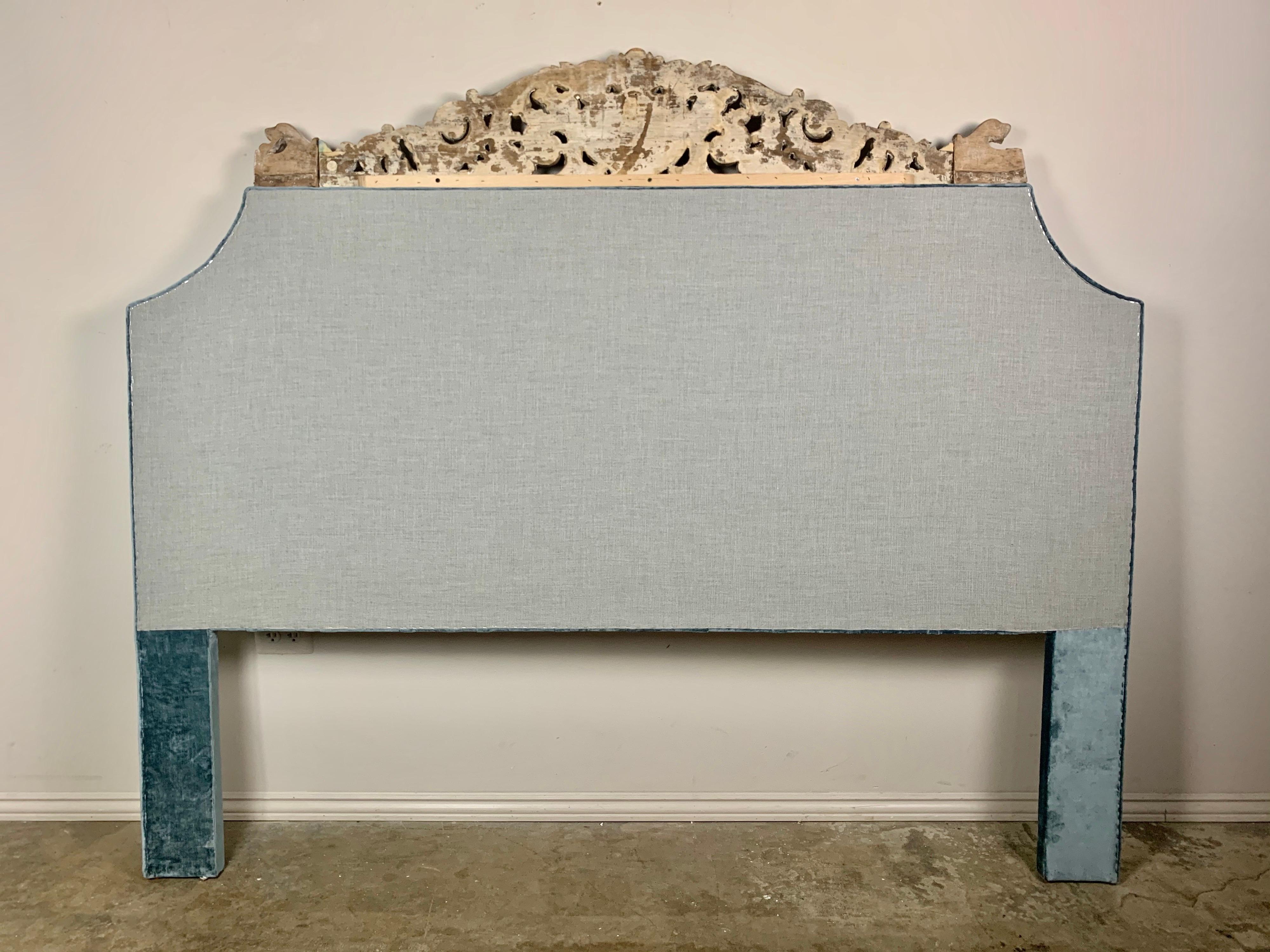 Velvet Tufted Headboard with Antique Architectural Carved Top 2