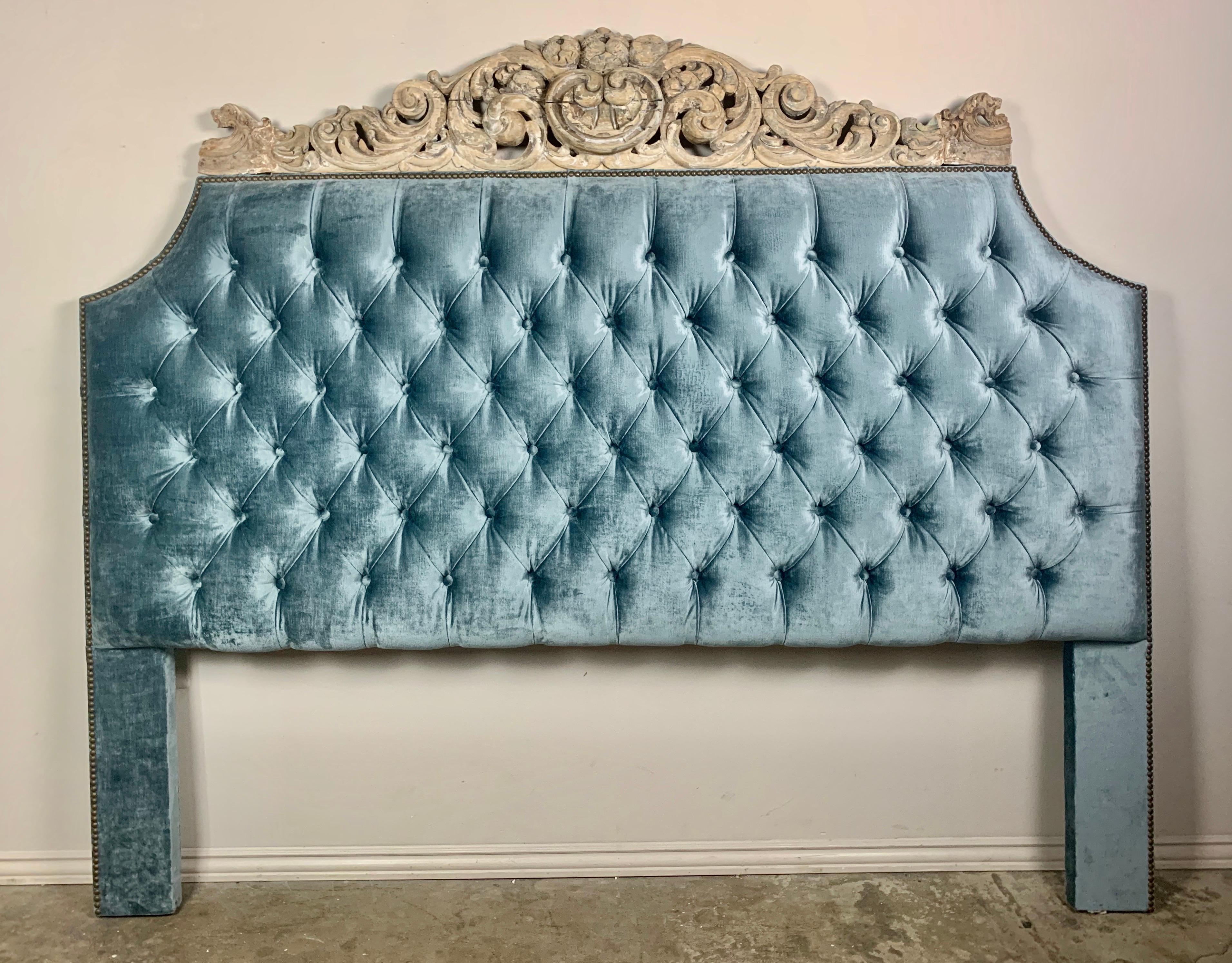 Baroque Velvet Tufted Headboard with Antique Architectural Carved Top