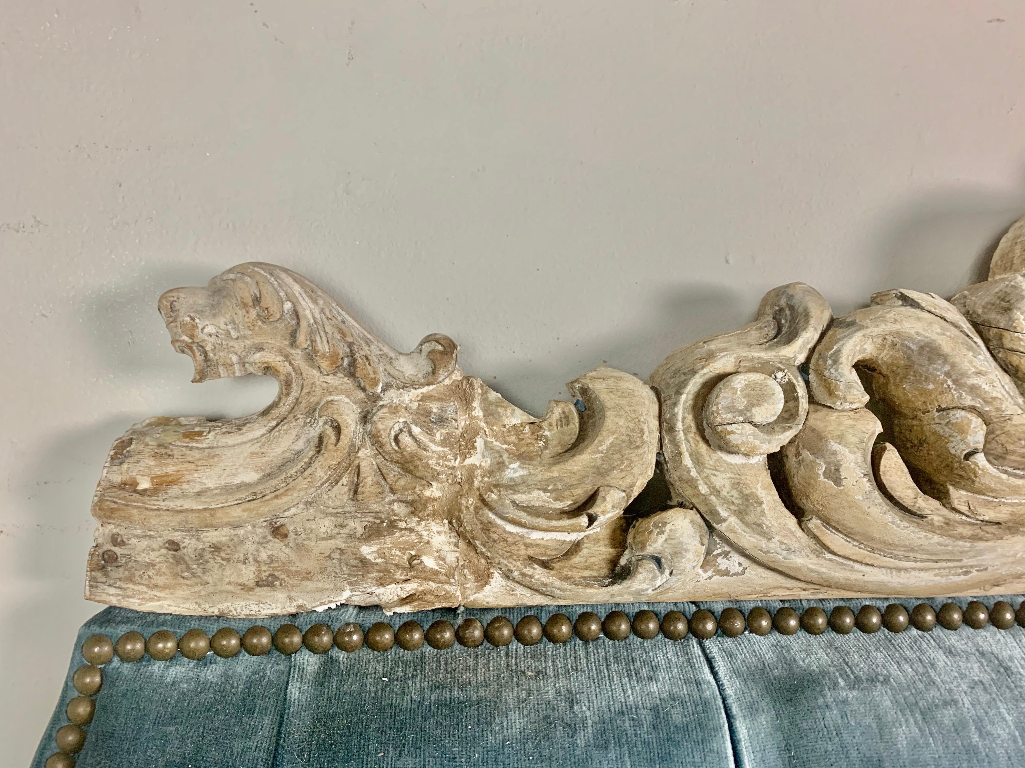Contemporary Velvet Tufted Headboard with Antique Architectural Carved Top
