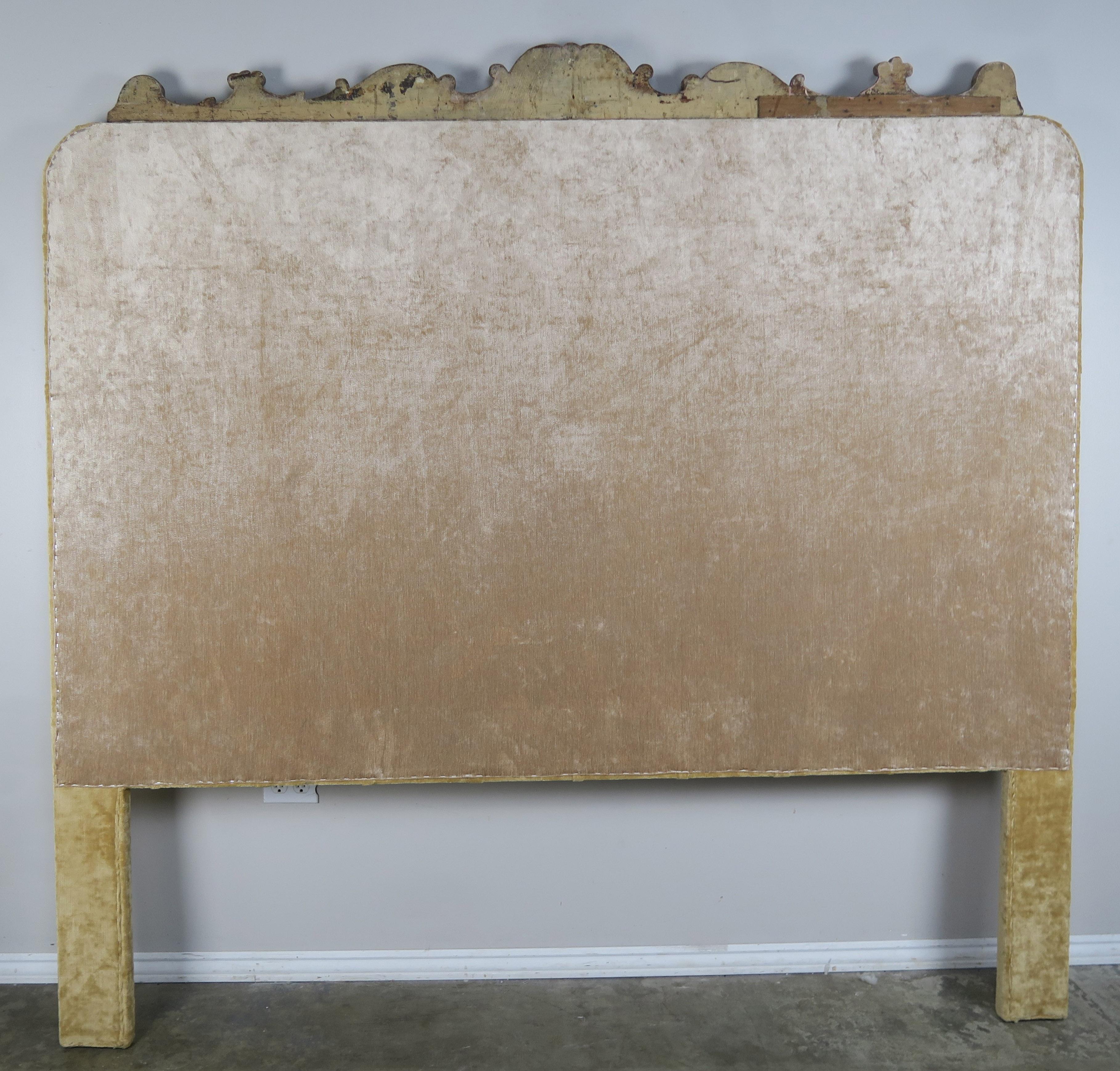 Velvet Tufted King Size Headboard with Antique Italian Painted Carving 3