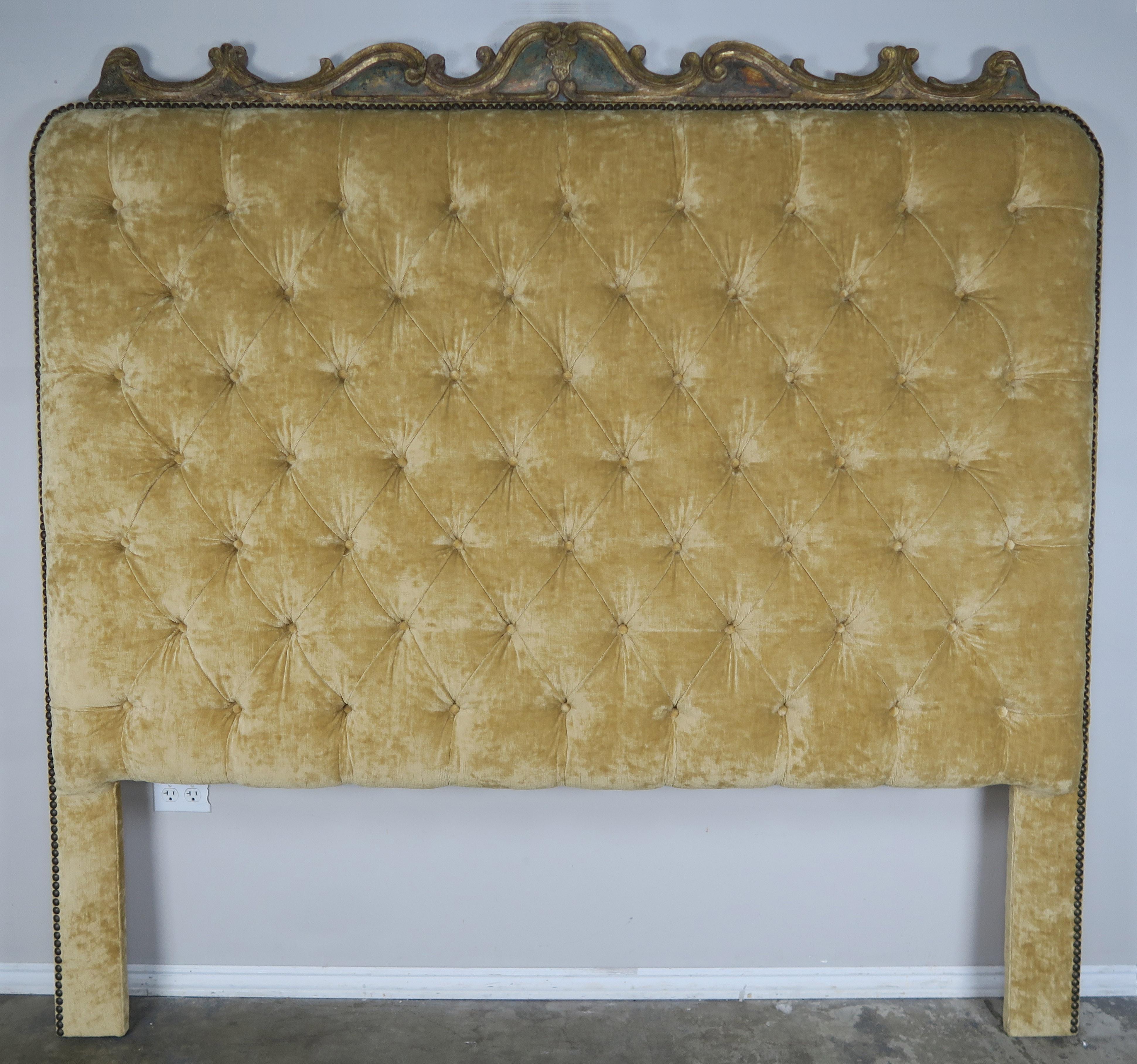 Velvet Tufted King Size Headboard with Antique Italian Painted Carving 2