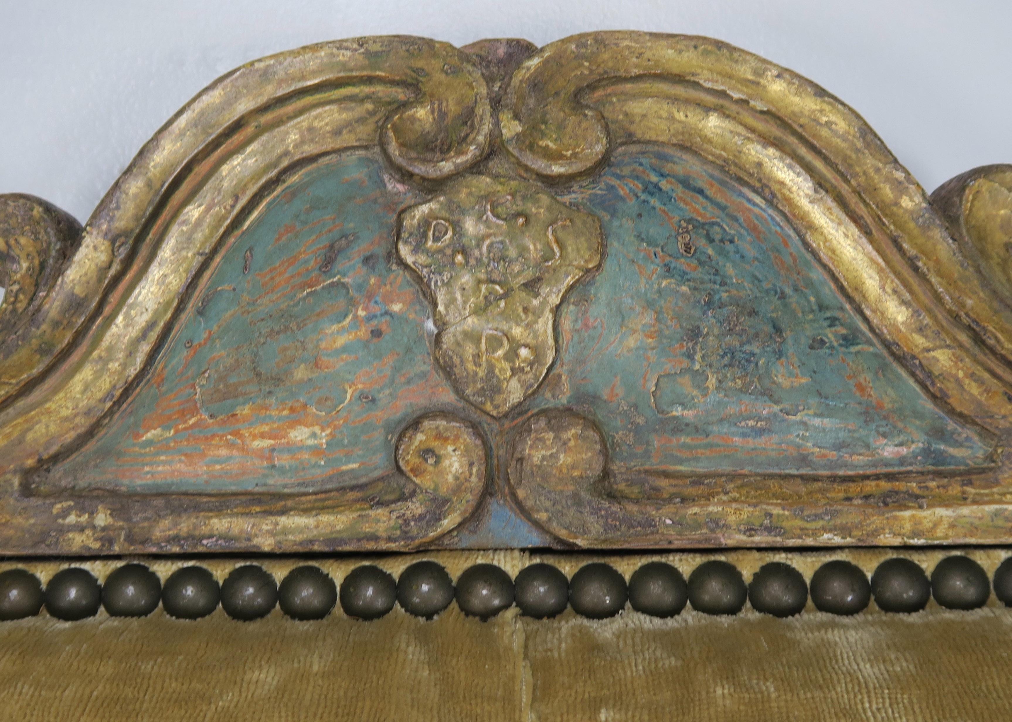 Velvet Tufted King Size Headboard with Antique Italian Painted Carving 1