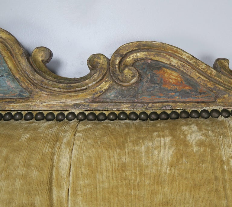 Velvet Tufted King Size Headboard with Antique Italian Painted Carving