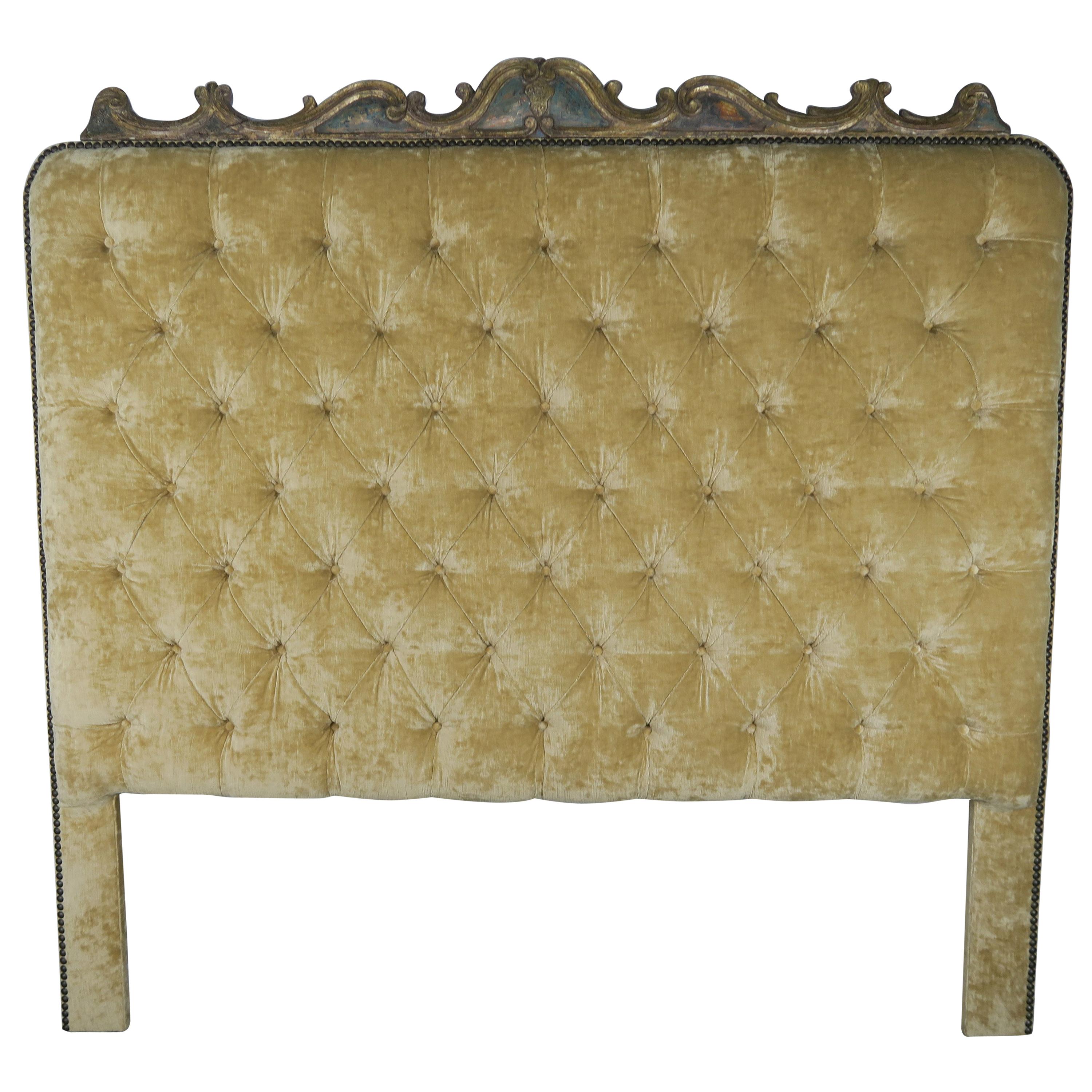 Velvet Tufted King Size Headboard with Antique Italian Painted Carving