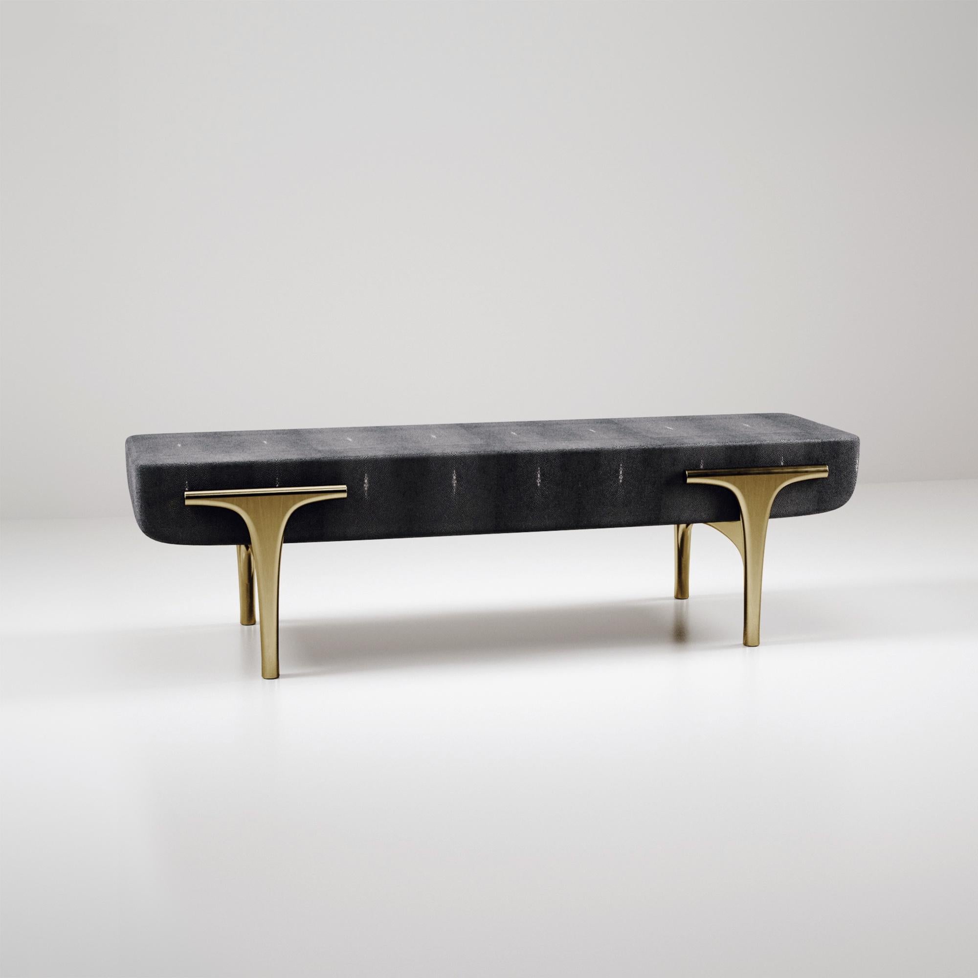 Velvet Upholstered Bench with Bronze-Patina Brass Details by R&Y Augousti For Sale 4