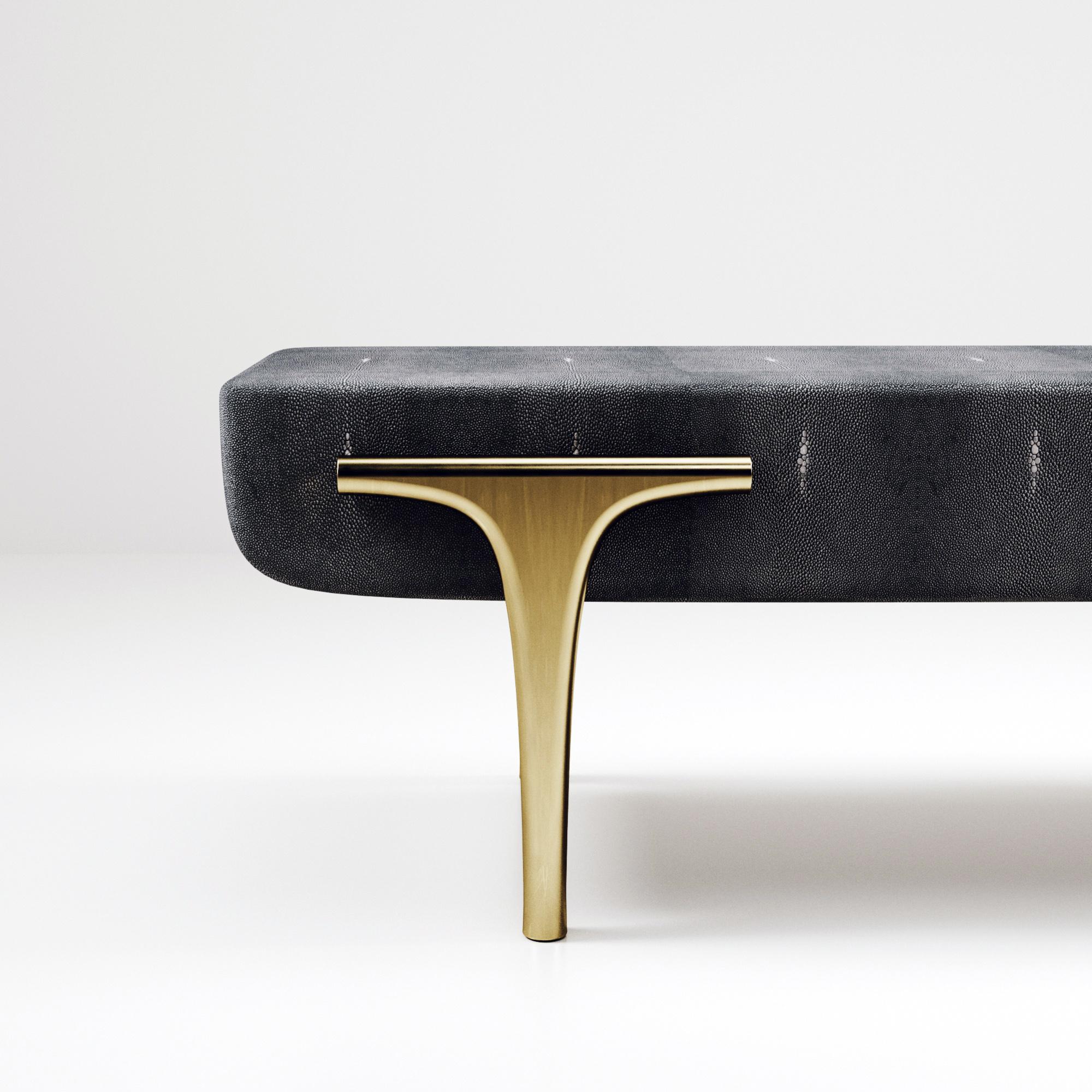 Velvet Upholstered Bench with Bronze-Patina Brass Details by R&Y Augousti For Sale 5