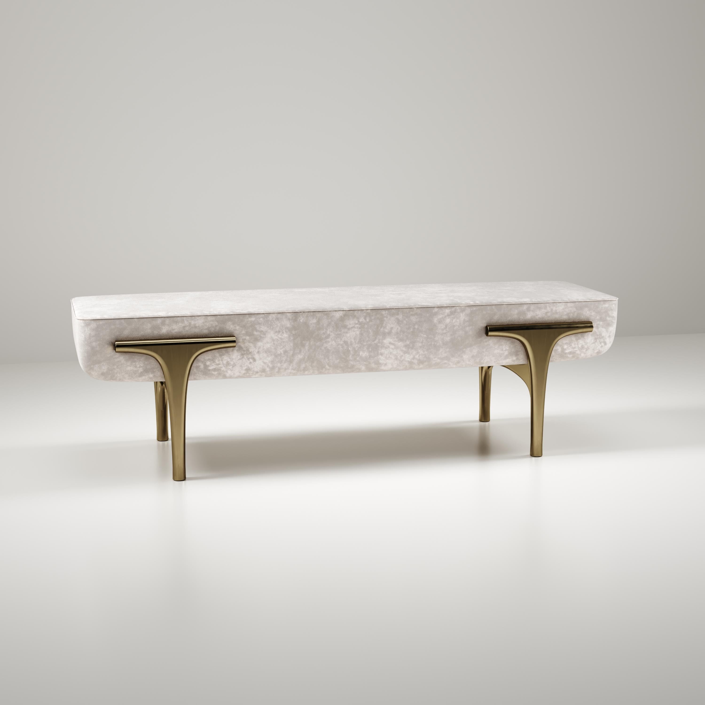 Art Deco Velvet Upholstered Bench with Bronze-Patina Brass Details by R&Y Augousti For Sale