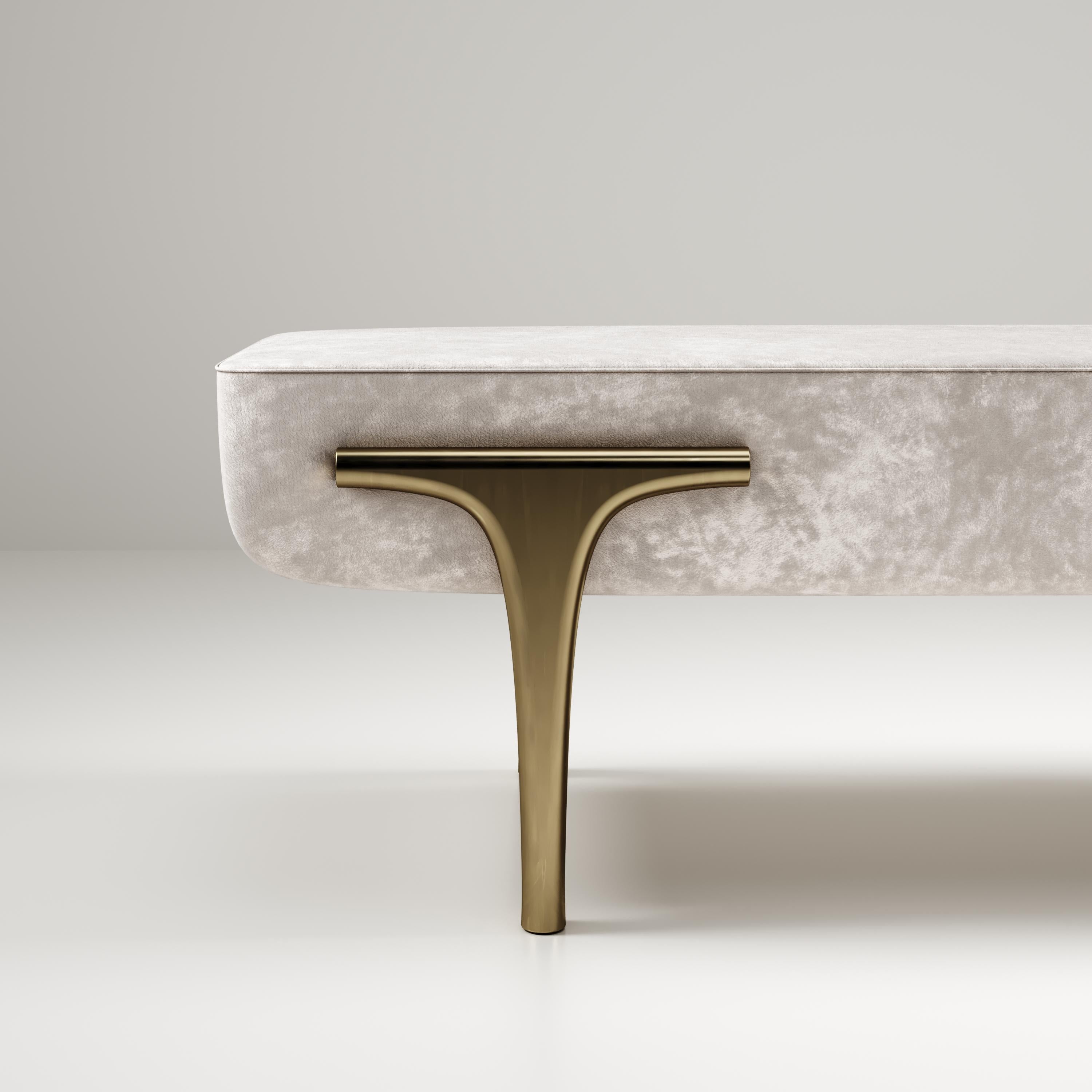 Hand-Crafted Velvet Upholstered Bench with Bronze-Patina Brass Details by R&Y Augousti For Sale