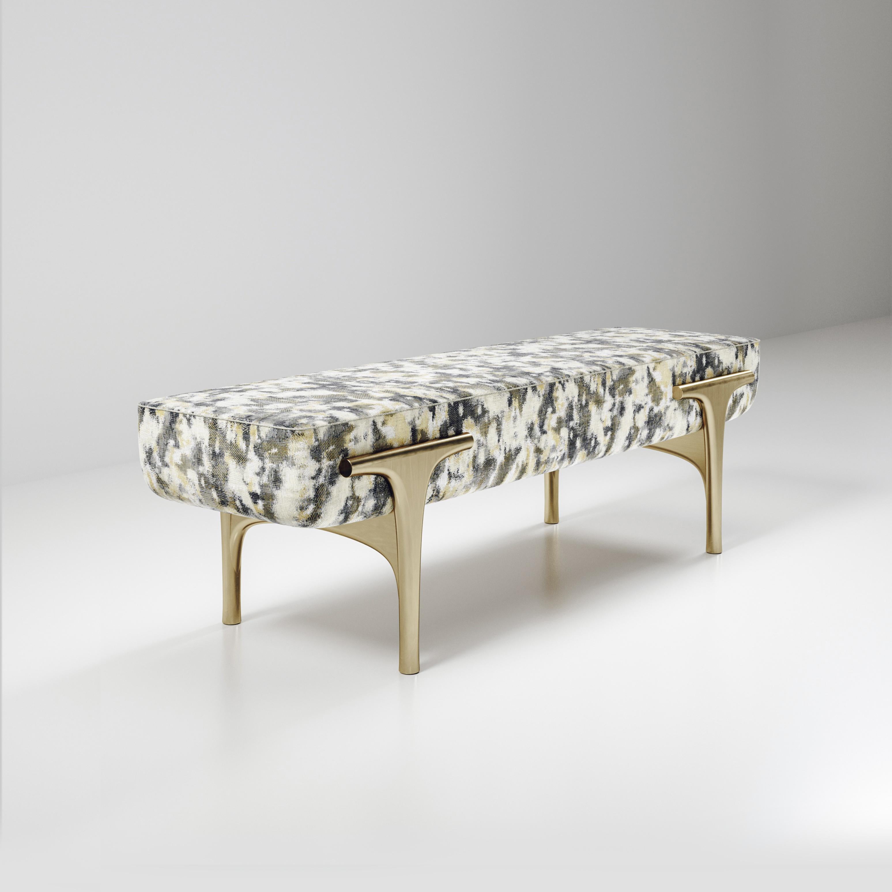 Velvet Upholstered Bench with Bronze-Patina Brass Details by R&Y Augousti In New Condition For Sale In New York, NY