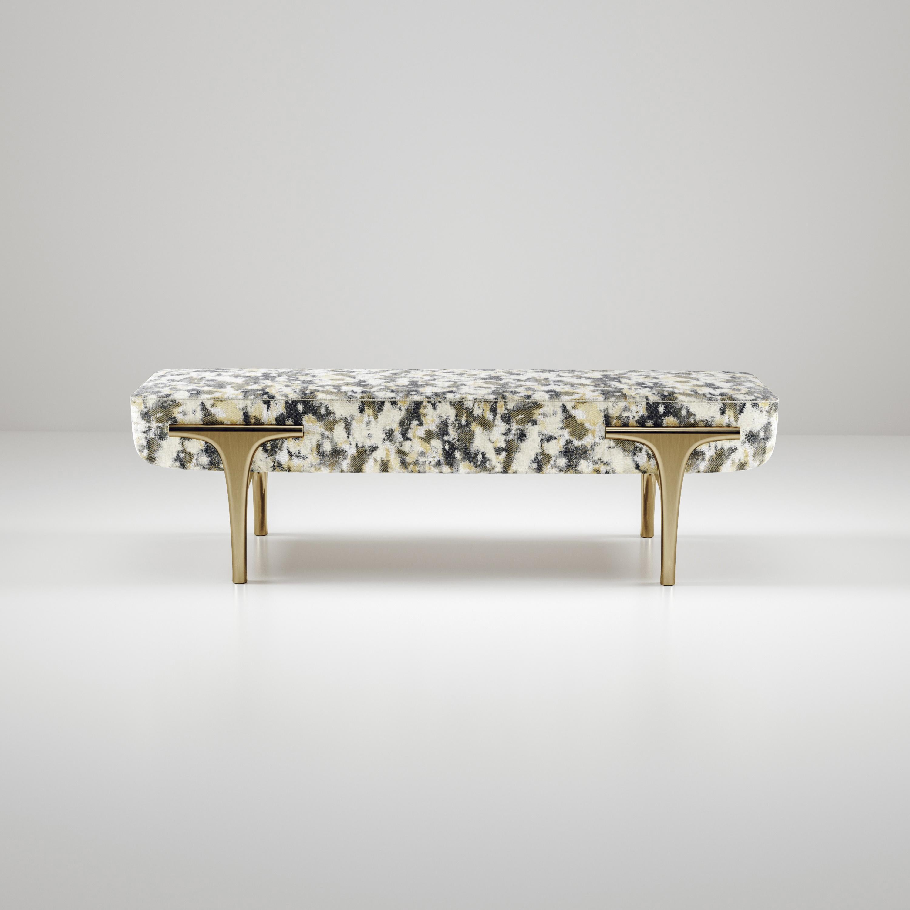 Contemporary Velvet Upholstered Bench with Bronze-Patina Brass Details by R&Y Augousti For Sale