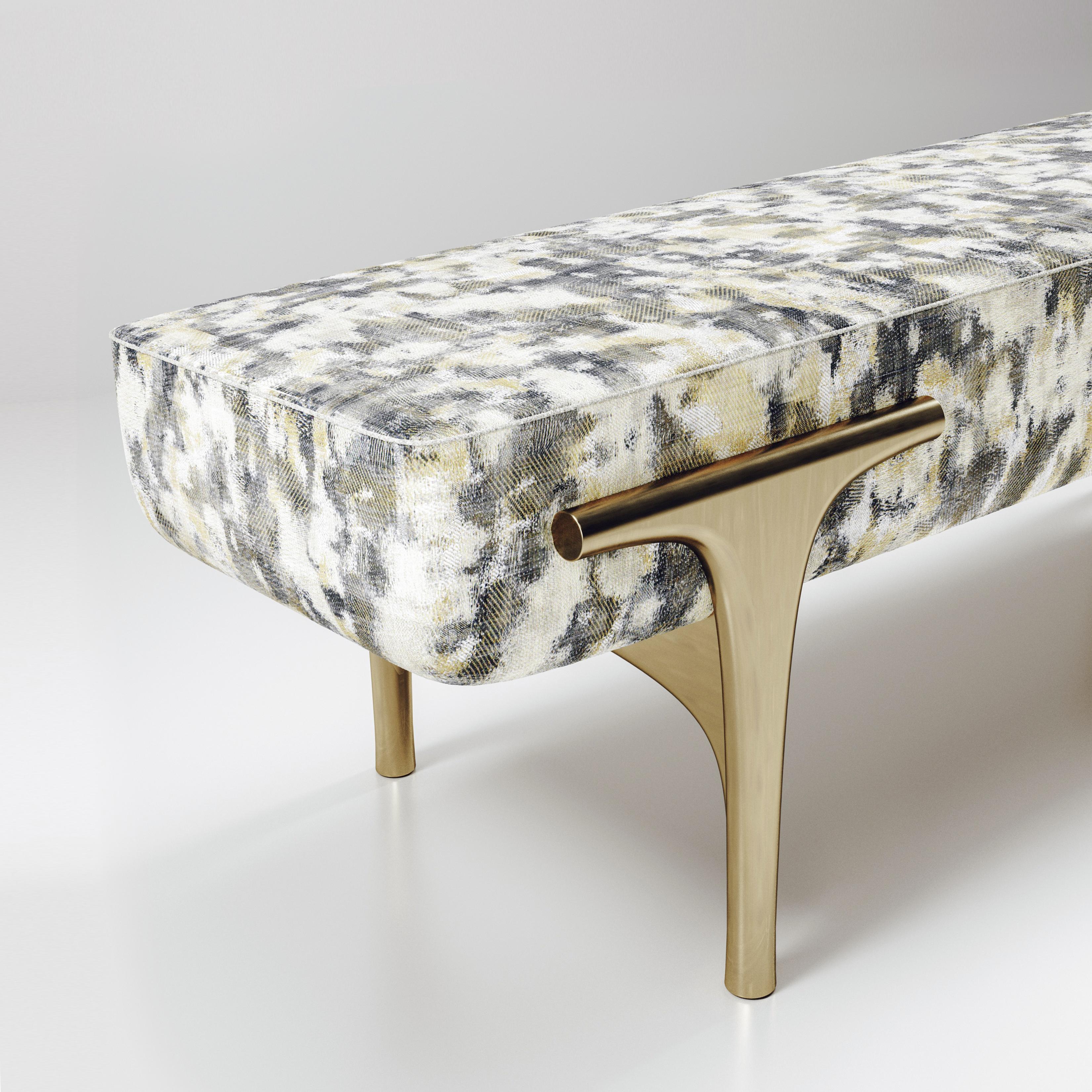 Velvet Upholstered Bench with Bronze-Patina Brass Details by R&Y Augousti For Sale 1