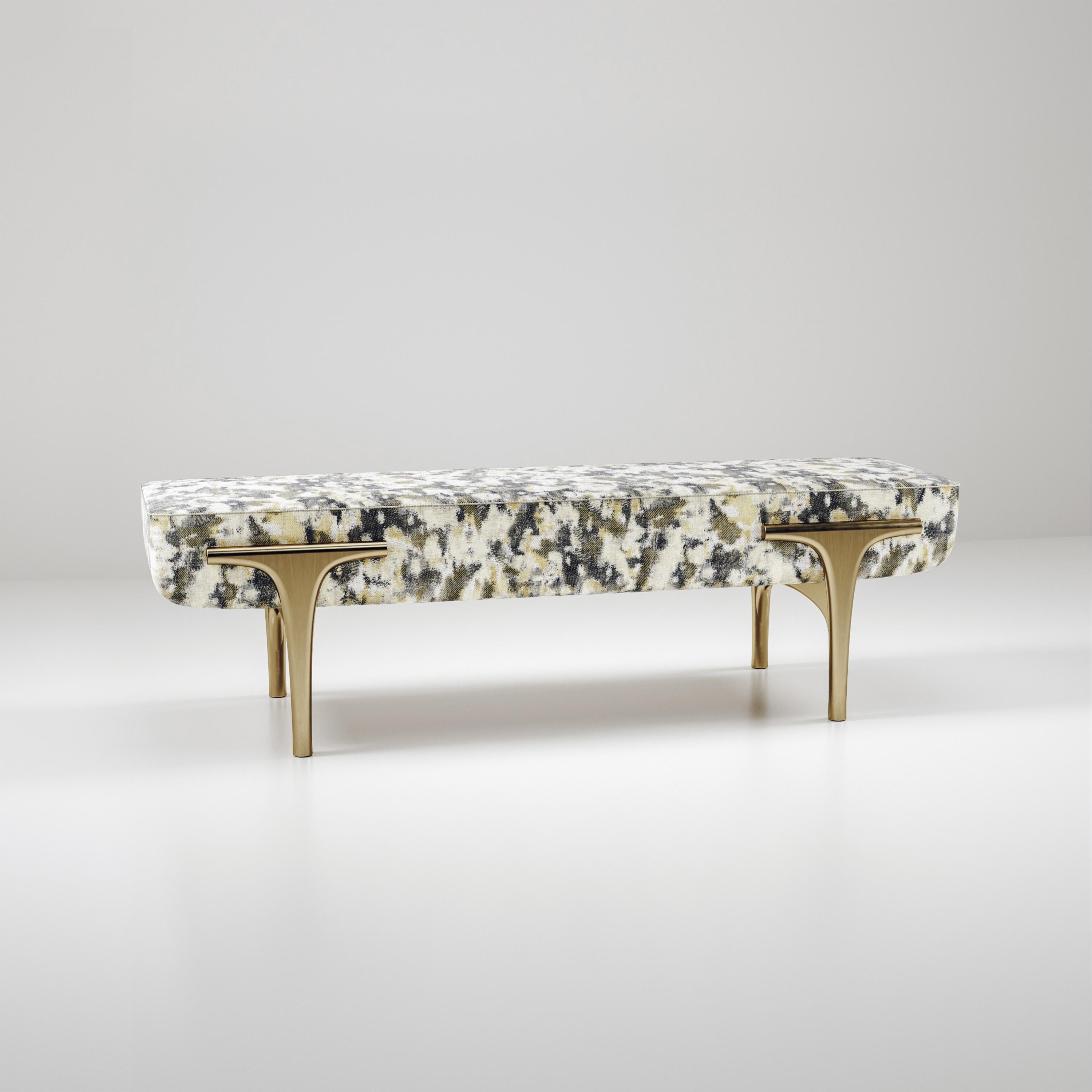 Velvet Upholstered Bench with Bronze-Patina Brass Details by R&Y Augousti For Sale 2