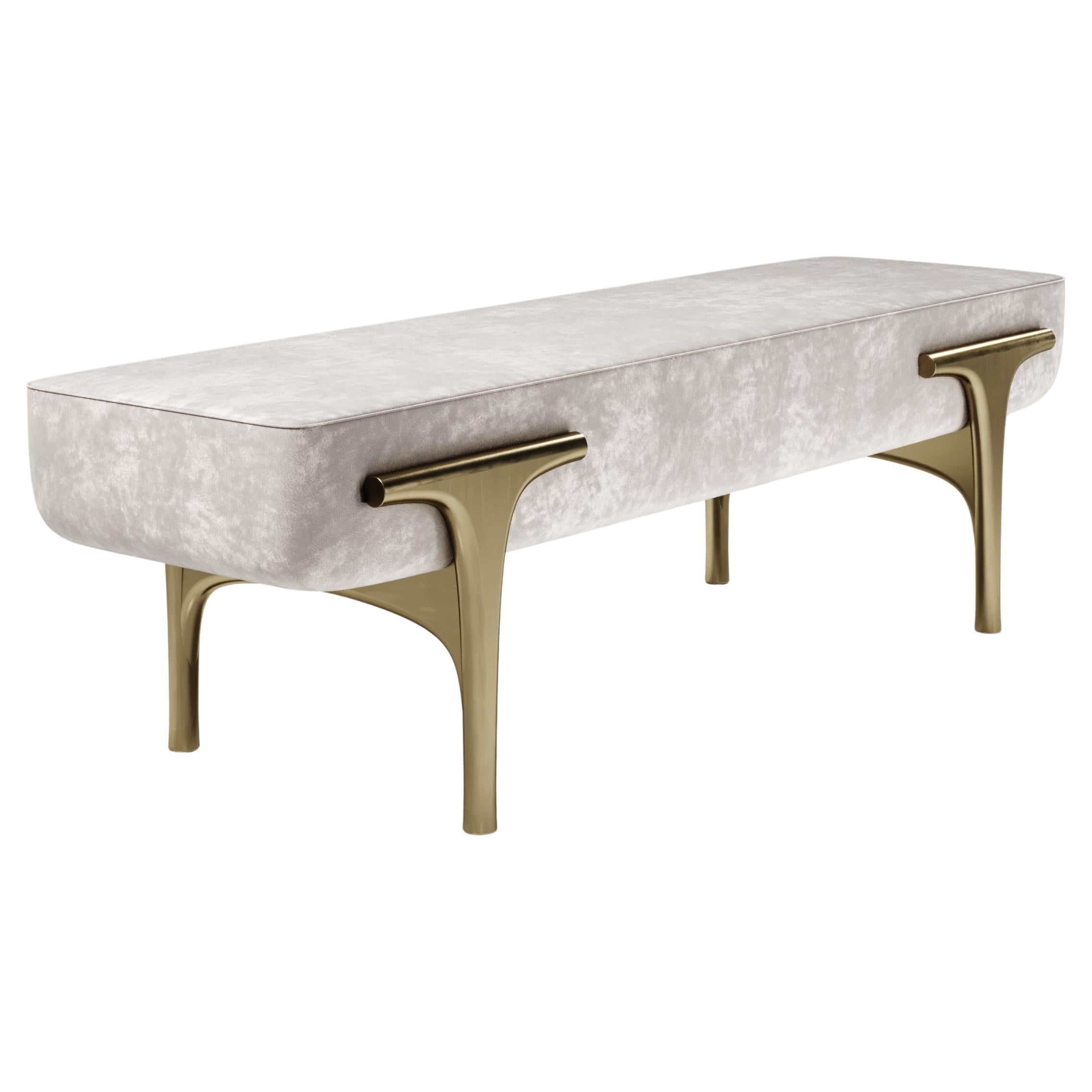 Velvet Upholstered Bench with Bronze-Patina Brass Details by R&Y Augousti For Sale