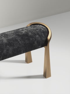 Velvet Upholstered Bench with Sculptural Brass Legs by R&Y Augousti