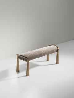 Velvet Upholstered Bench with Sculptural Brass Legs by R&Y Augousti