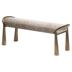 Velvet Upholstered Bench with Sculptural Brass Legs by R&Y Augousti