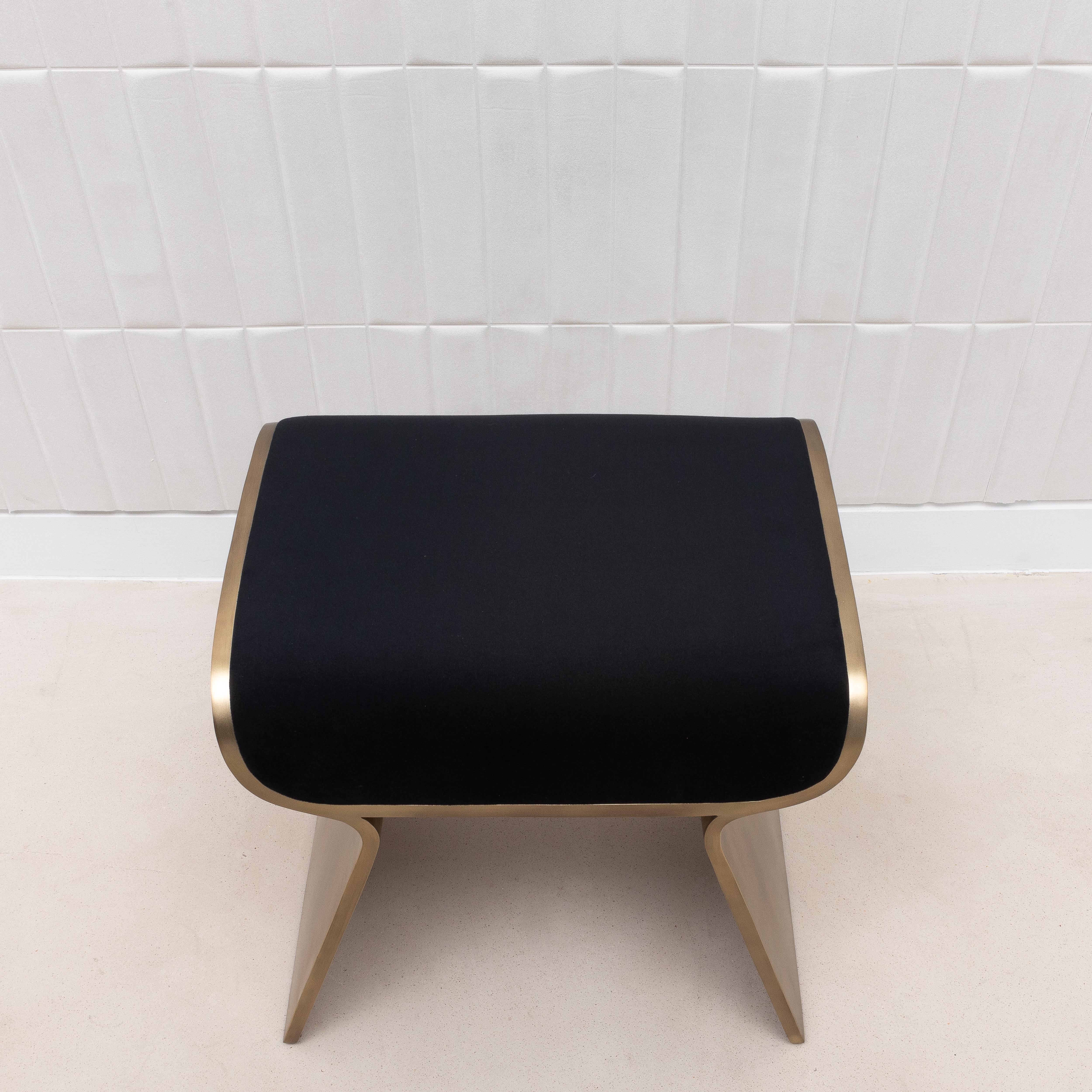 Art Deco Velvet Upholstered Stool with Bronze Patina Brass Legs by Kifu Paris For Sale