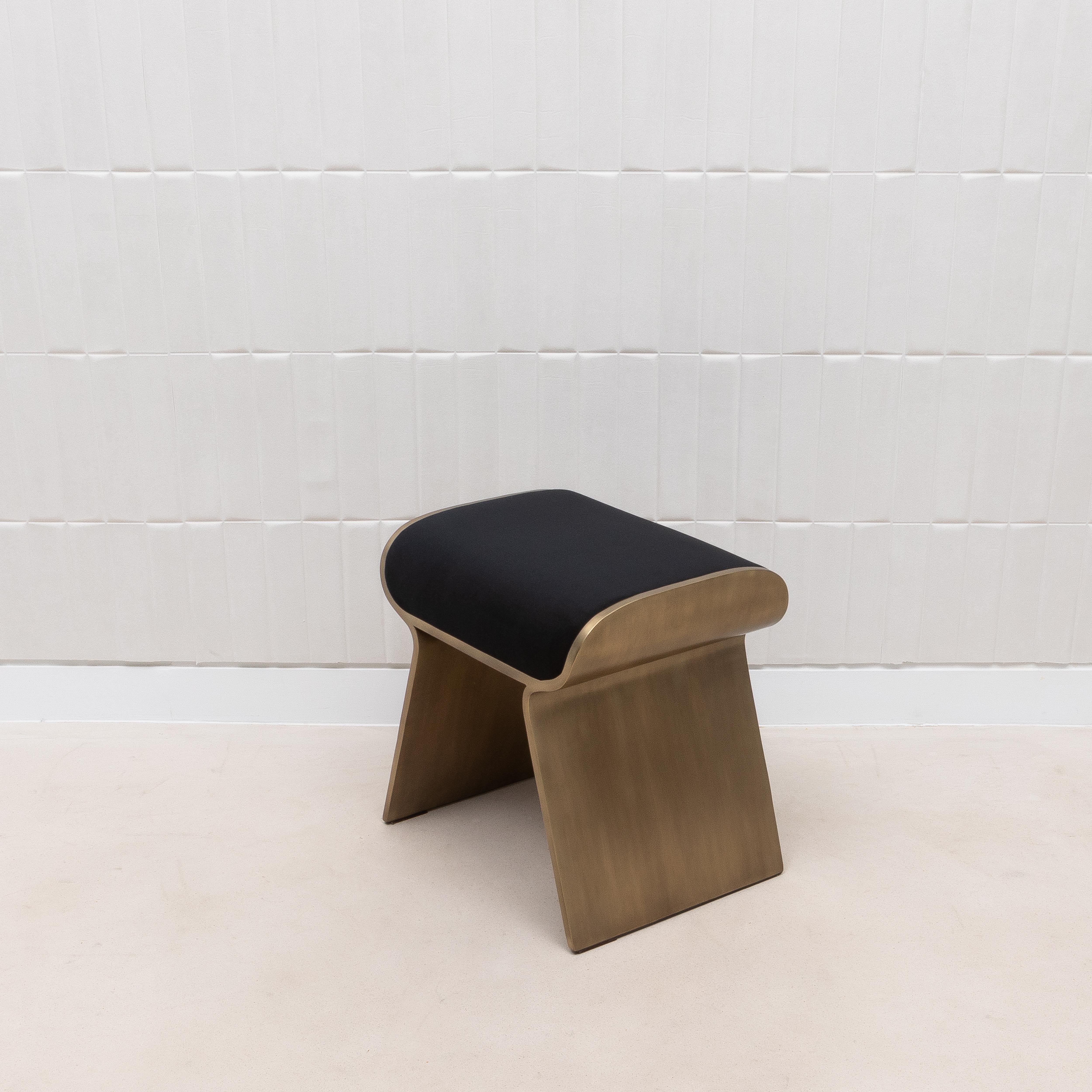 Hand-Crafted Velvet Upholstered Stool with Bronze Patina Brass Legs by Kifu Paris For Sale