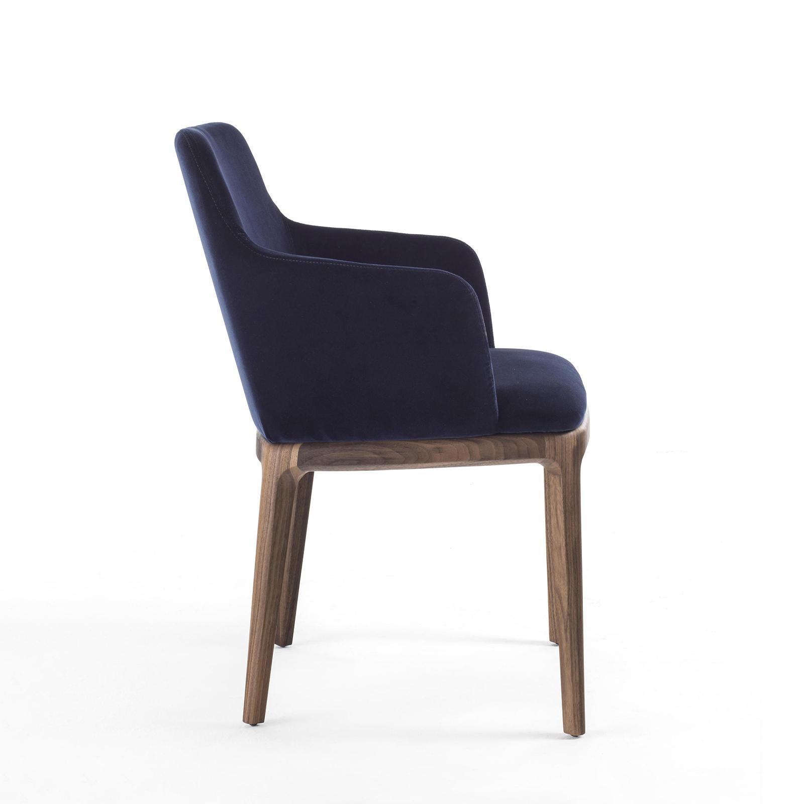 Italian Velvet Walnut Armchair in Solid Walnut Wood For Sale