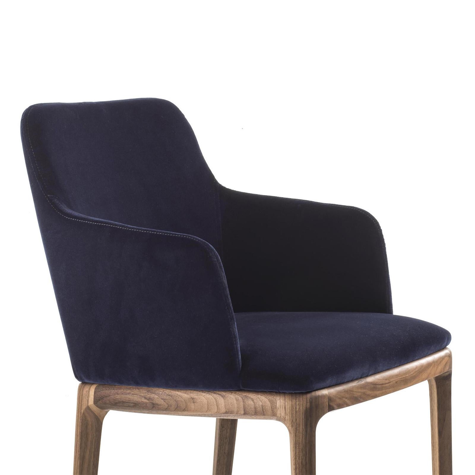 Hand-Crafted Velvet Walnut Armchair in Solid Walnut Wood For Sale