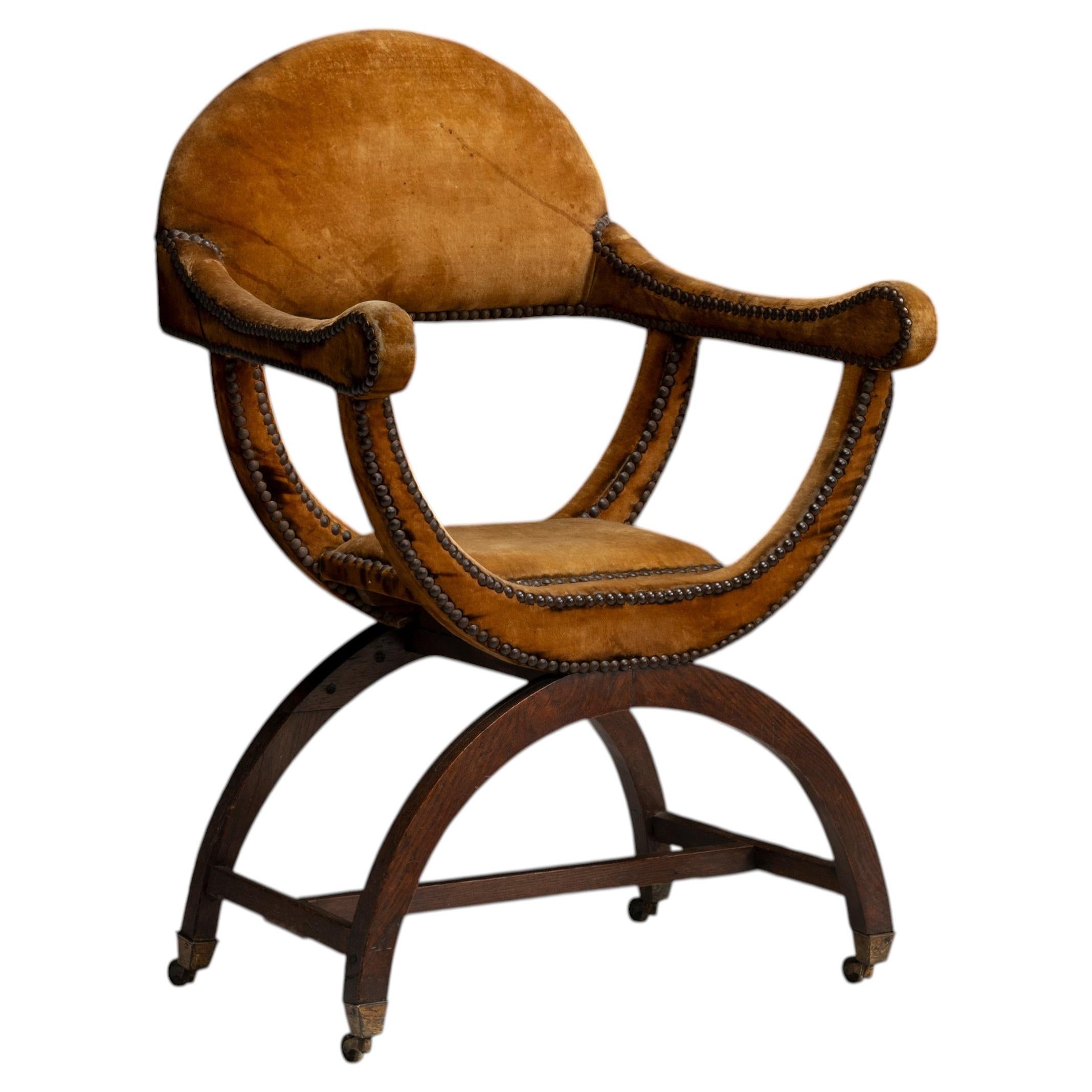 Velvet X-Frame Chair, England 1880 For Sale