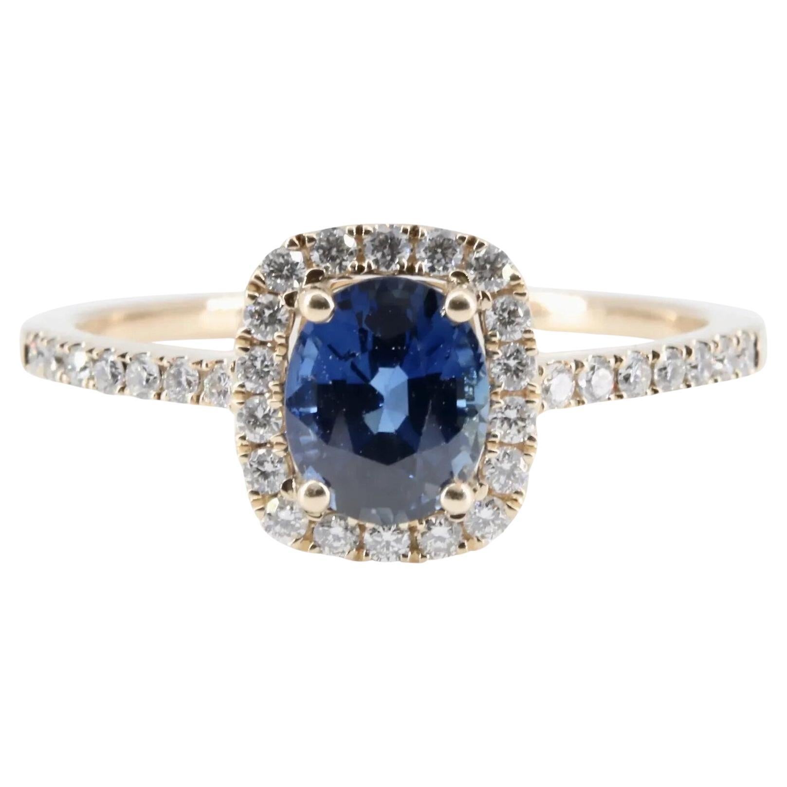 Velvety Blue Sapphire & Diamond Halo Ring in 14K Yellow Gold For Sale