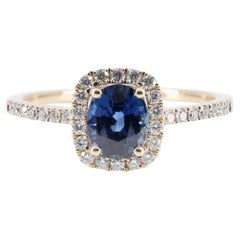 Velvety Blue Sapphire & Diamond Halo Ring in 14K Yellow Gold